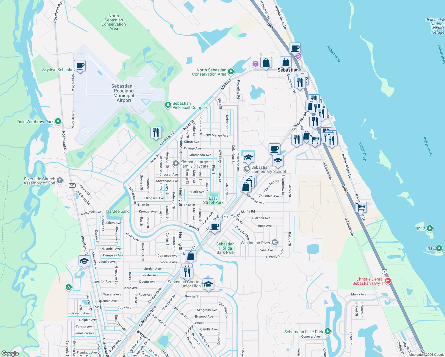 map of restaurants, bars, coffee shops, grocery stores, and more near 401 Easy Street in Sebastian