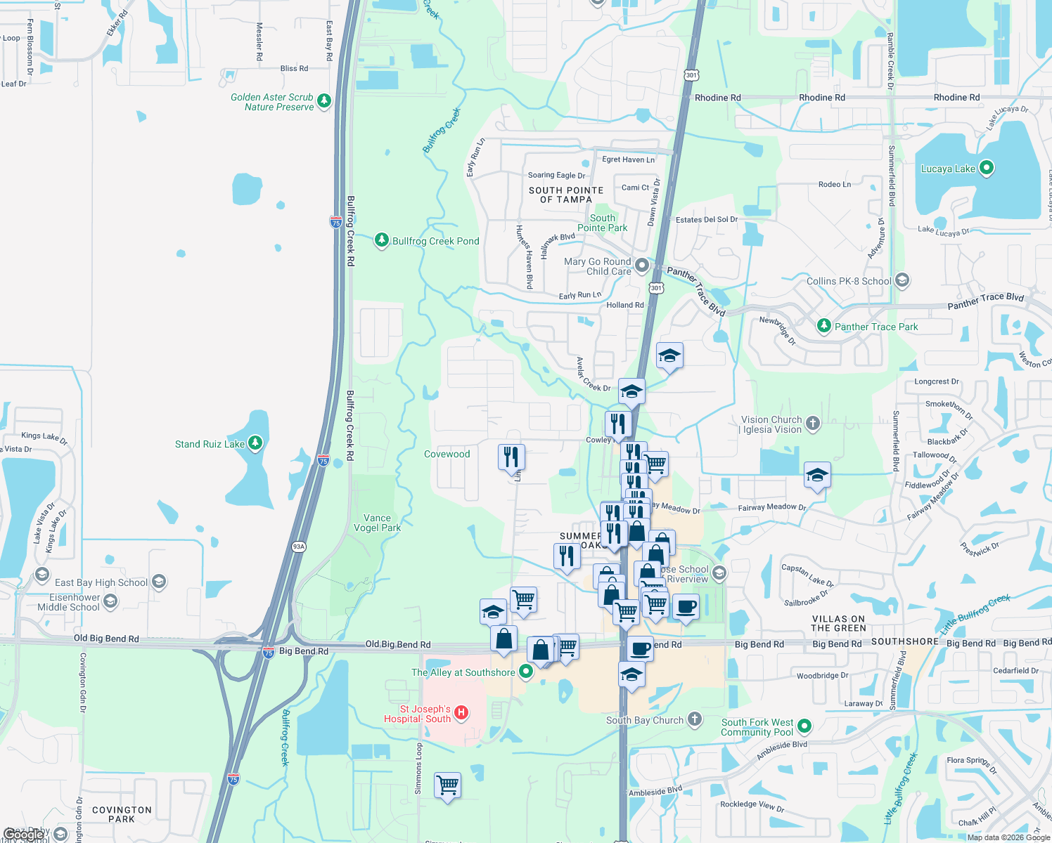 map of restaurants, bars, coffee shops, grocery stores, and more near 10213 Avelar Ridge Drive in Riverview