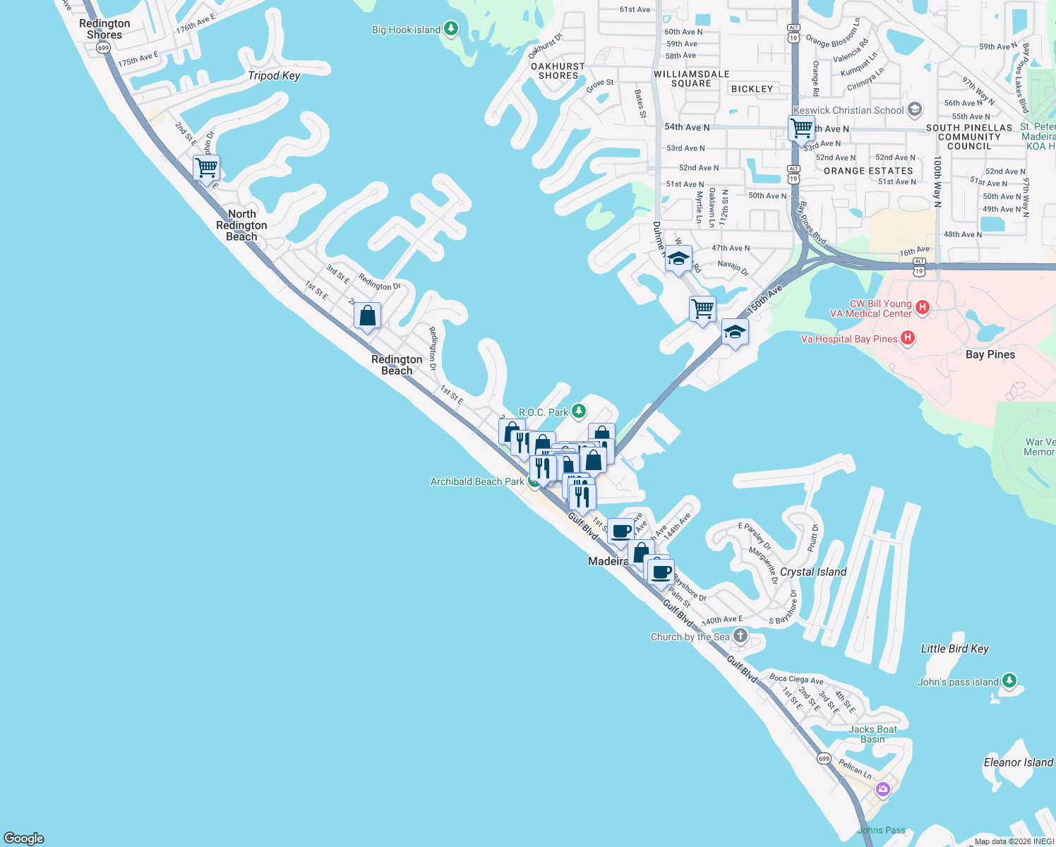 map of restaurants, bars, coffee shops, grocery stores, and more near 15305 Harbor Drive in Madeira Beach