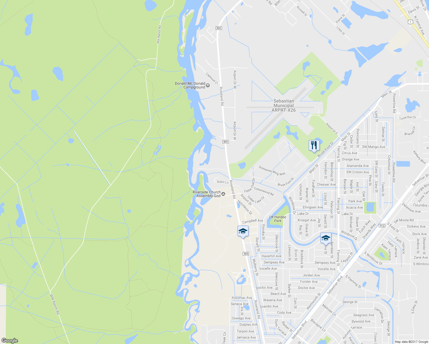 map of restaurants, bars, coffee shops, grocery stores, and more near 11525 Roseland Road in Sebastian