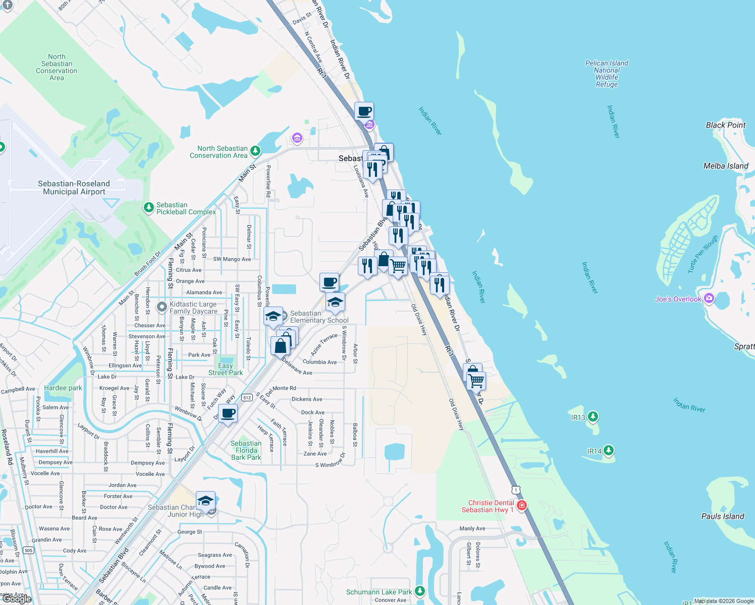 map of restaurants, bars, coffee shops, grocery stores, and more near 6945 Woodmere Road in Sebastian