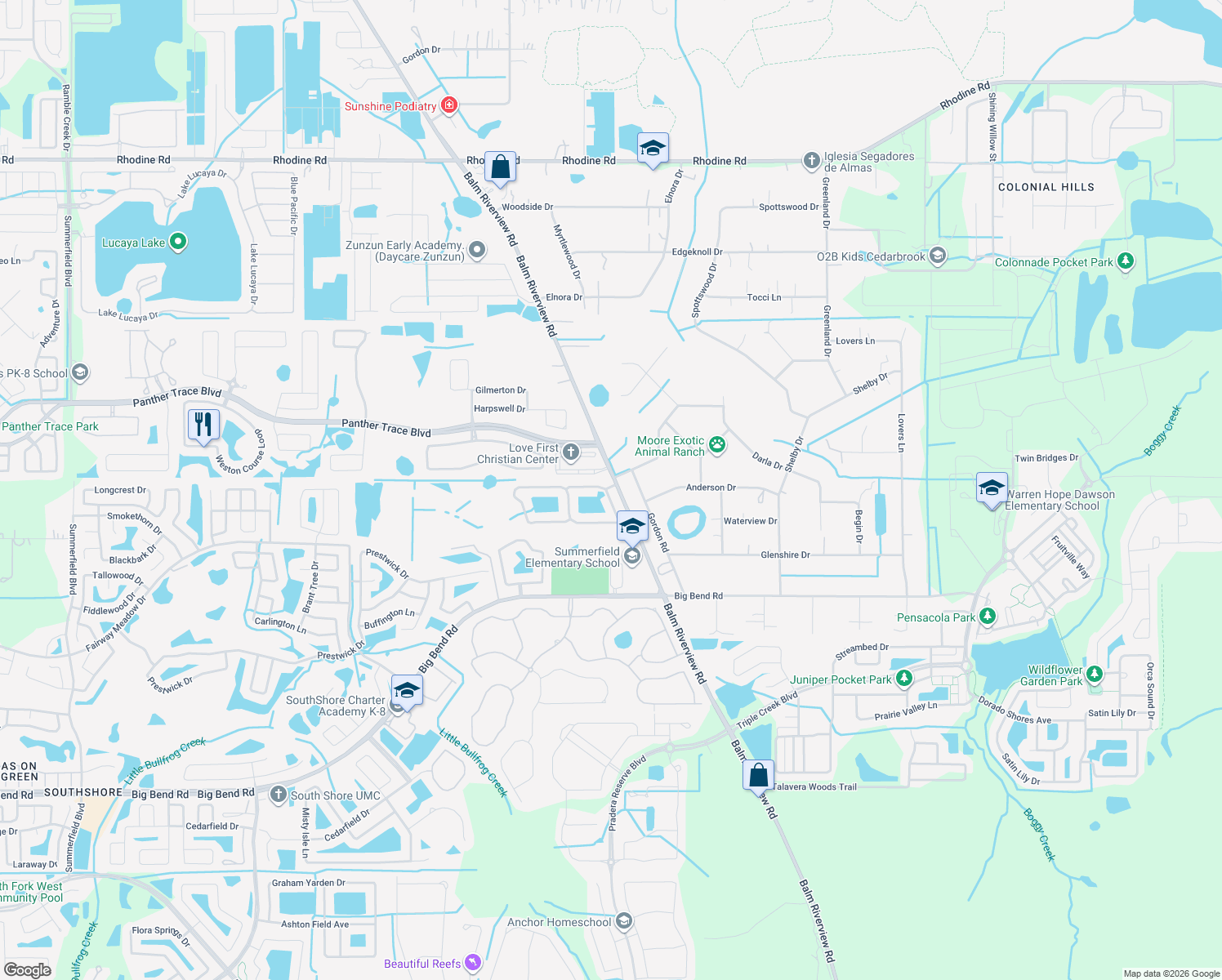 map of restaurants, bars, coffee shops, grocery stores, and more near 12902 Cattail Shore Lane in Riverview