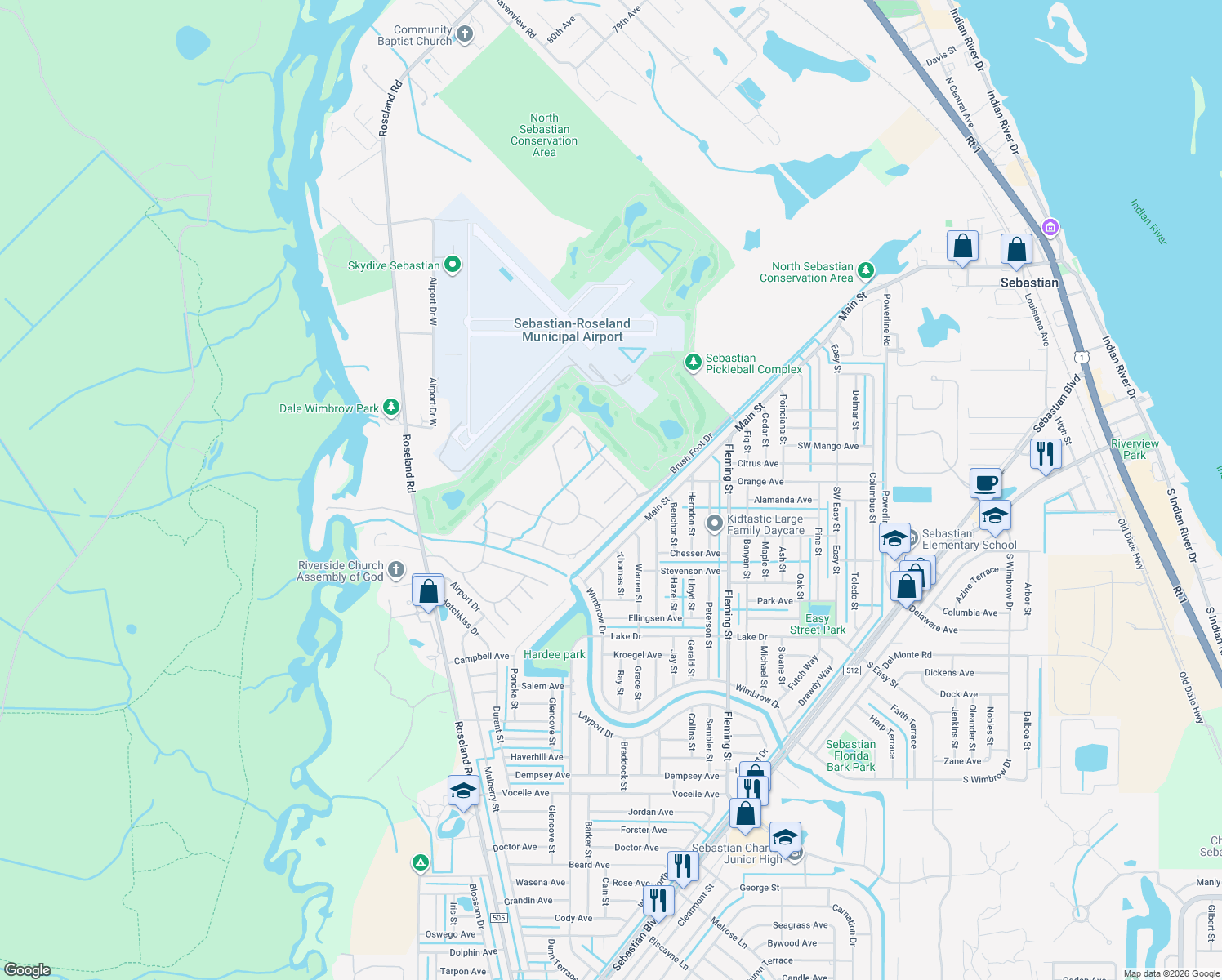map of restaurants, bars, coffee shops, grocery stores, and more near 606 Monarch Way in Sebastian
