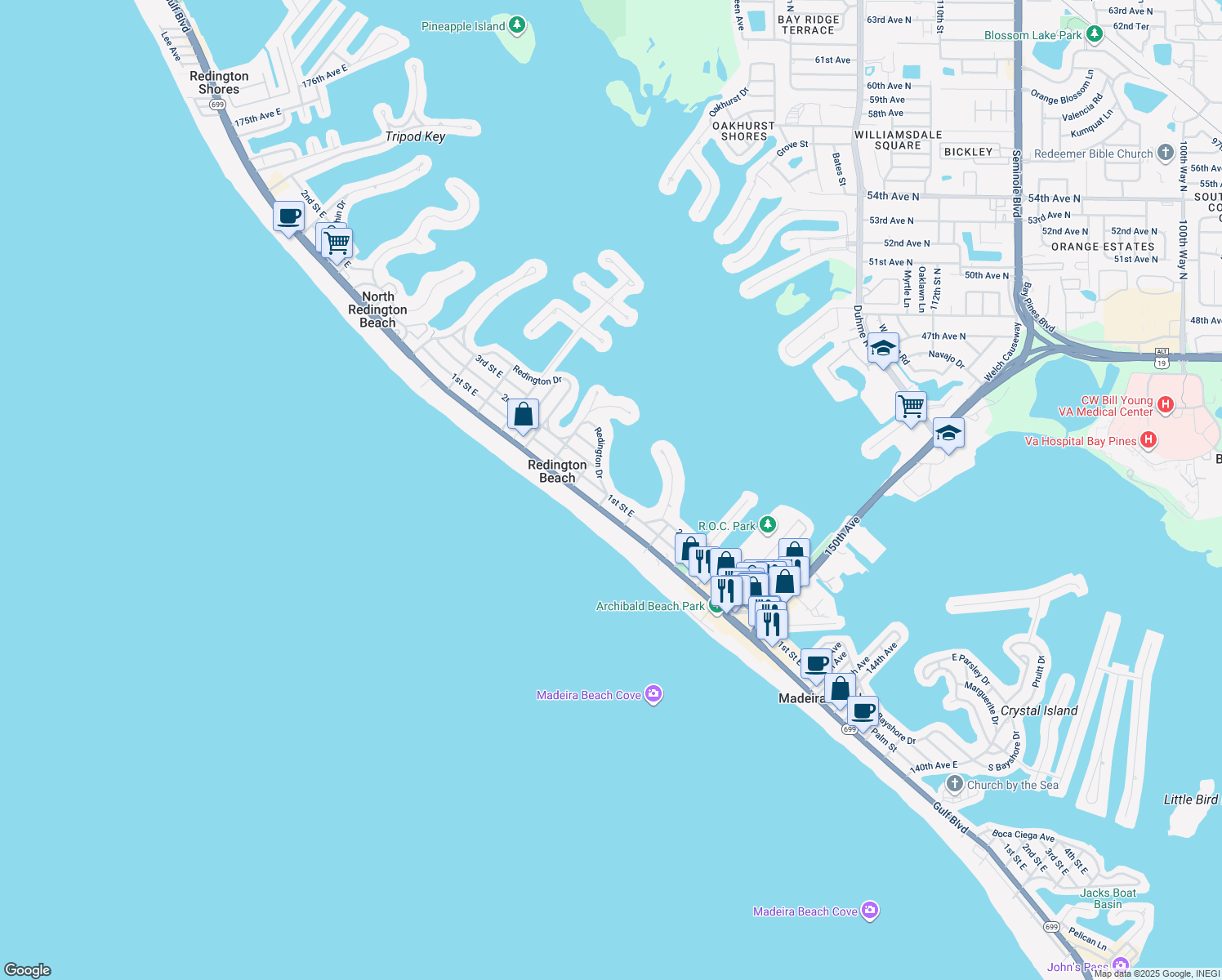 map of restaurants, bars, coffee shops, grocery stores, and more near 15701 Redington Drive in Redington Beach