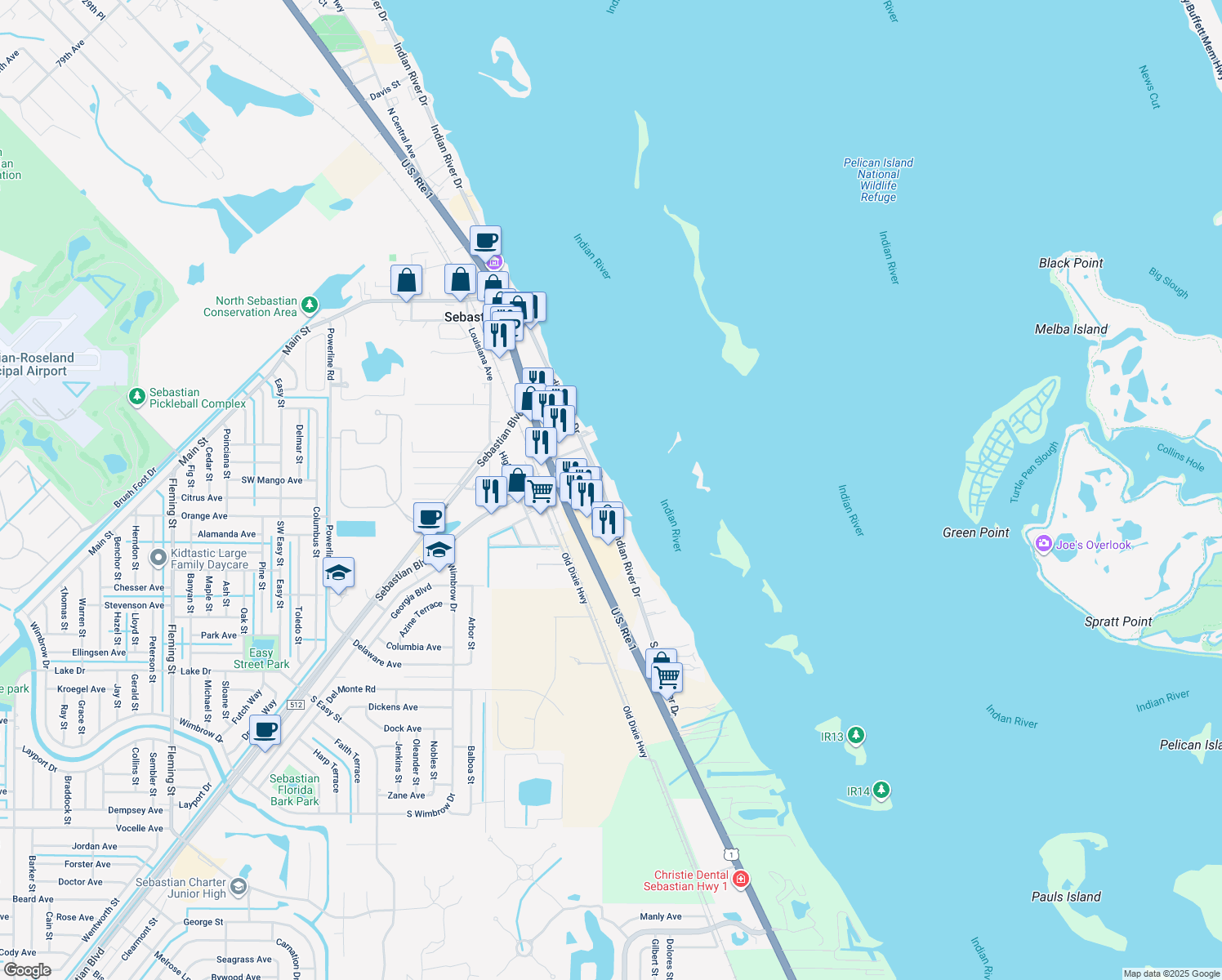 map of restaurants, bars, coffee shops, grocery stores, and more near 516 Indian River Drive in Sebastian