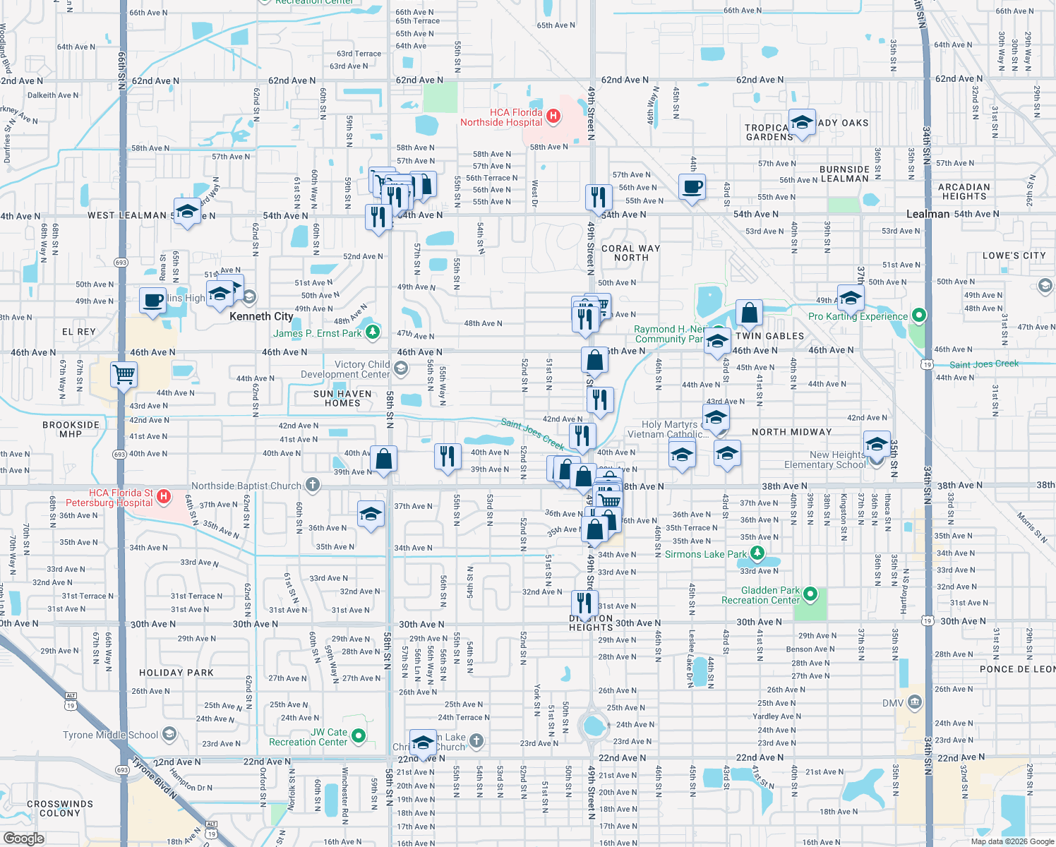 map of restaurants, bars, coffee shops, grocery stores, and more near 5180 42nd Avenue North in St. Petersburg