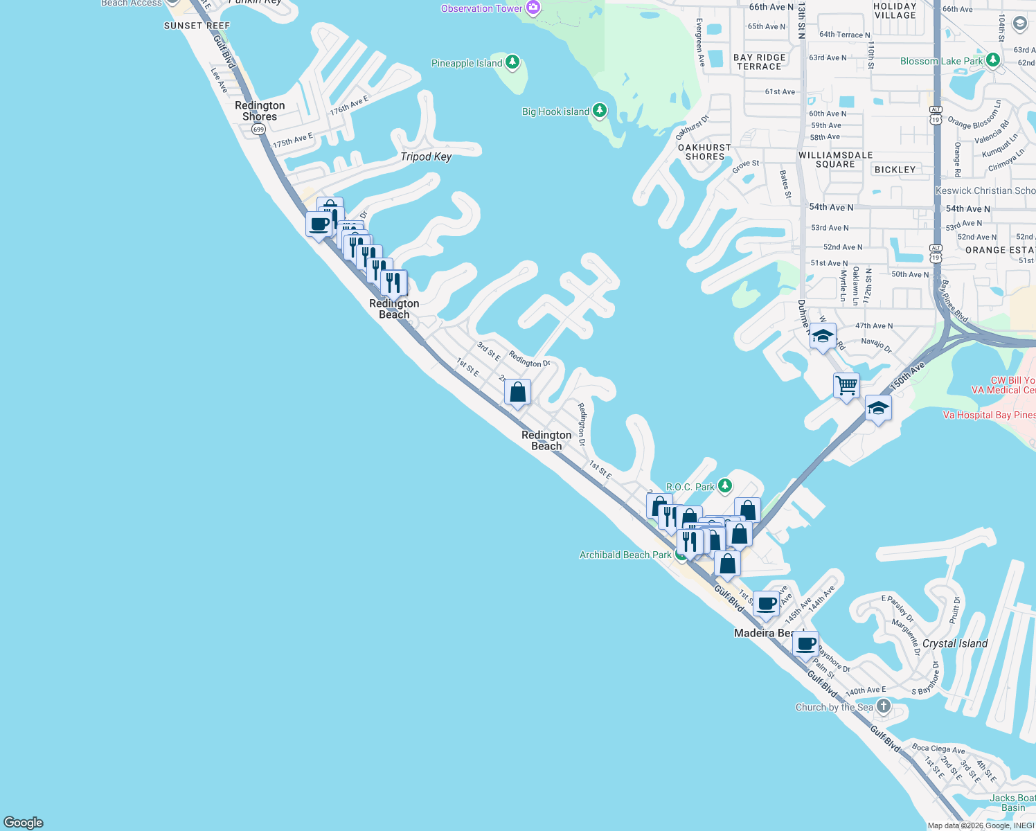 map of restaurants, bars, coffee shops, grocery stores, and more near 16007 Gulf Boulevard in Redington Beach