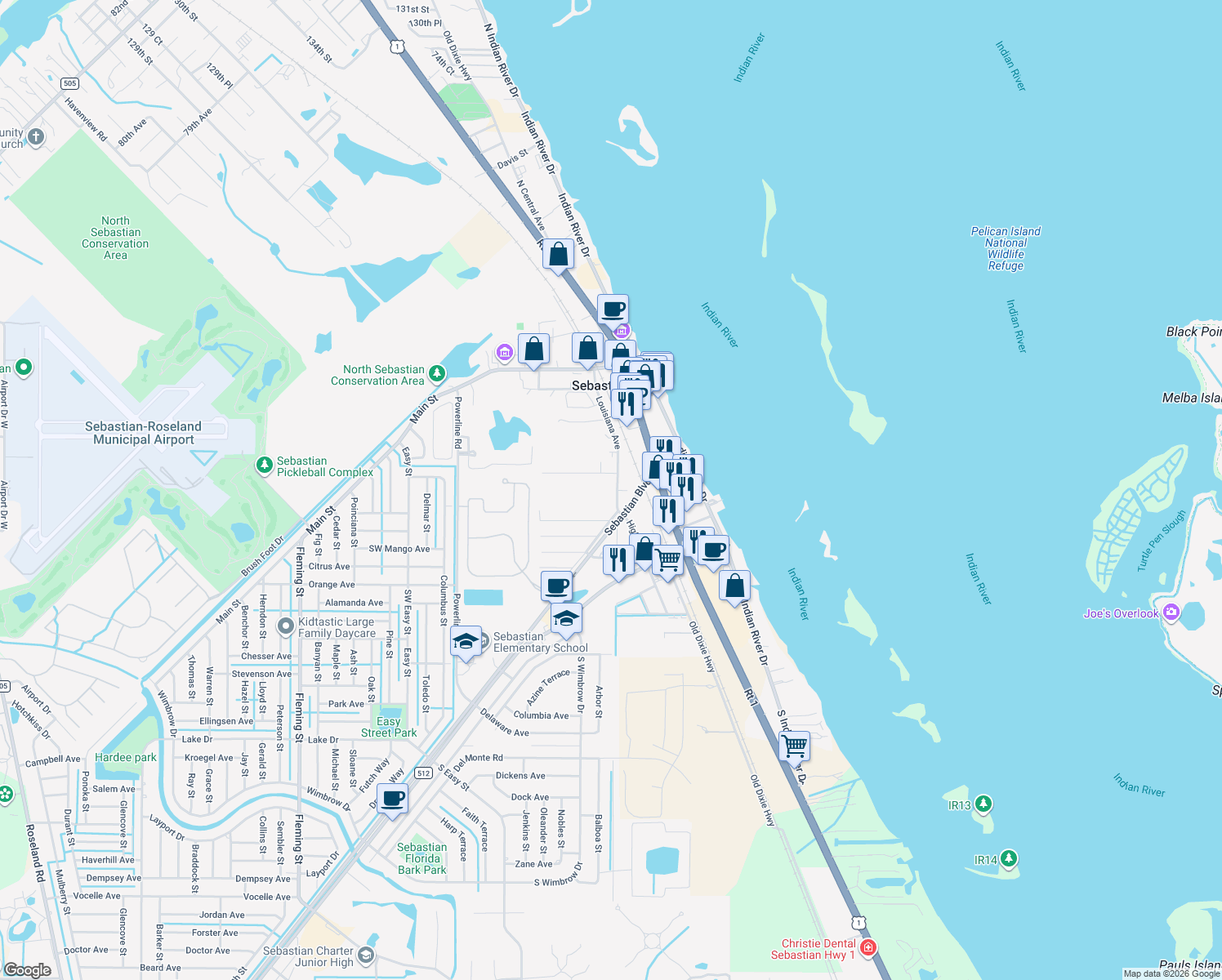 map of restaurants, bars, coffee shops, grocery stores, and more near 929 Louisiana Avenue in Sebastian