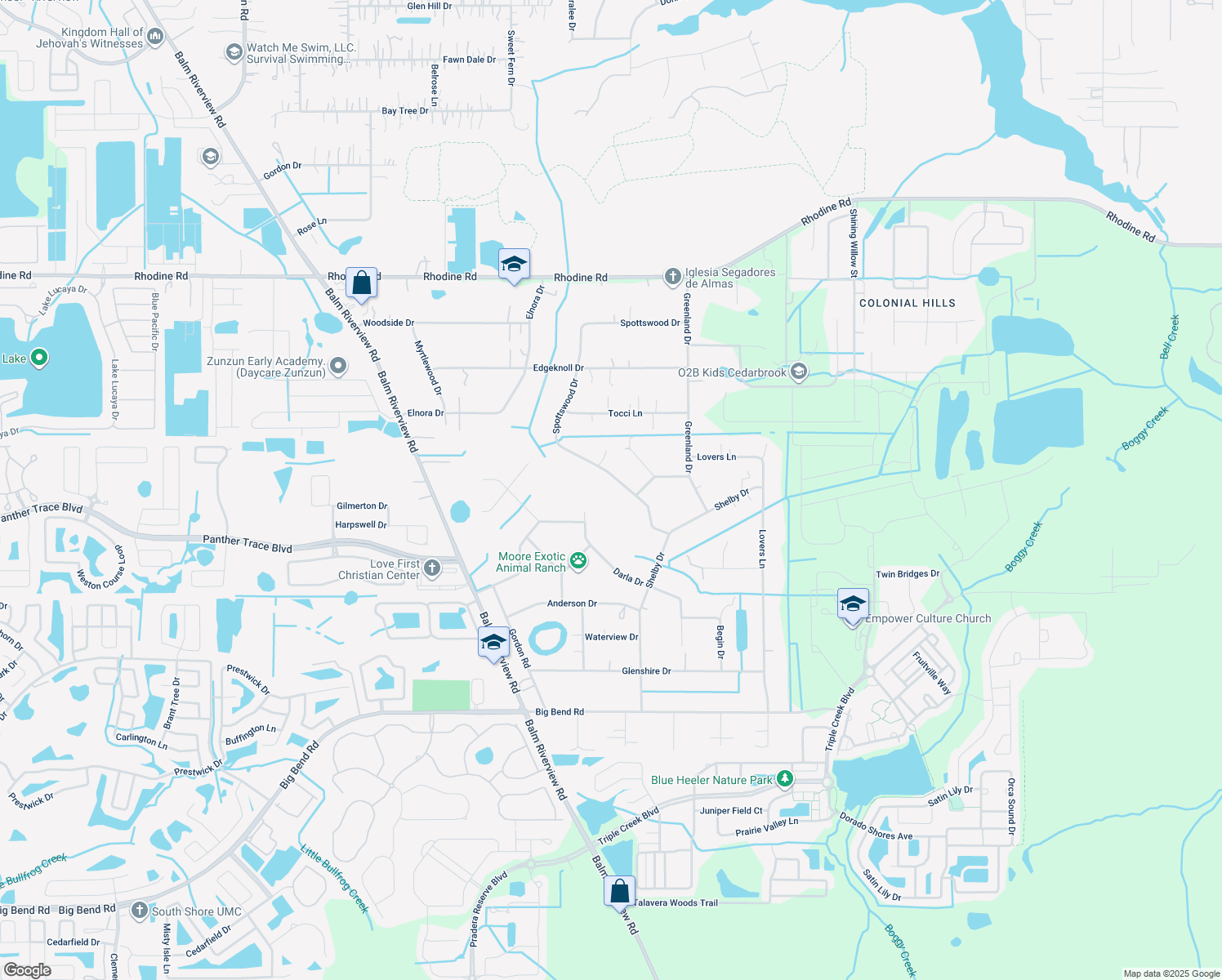 map of restaurants, bars, coffee shops, grocery stores, and more near 12531 Spottswood Drive in Riverview