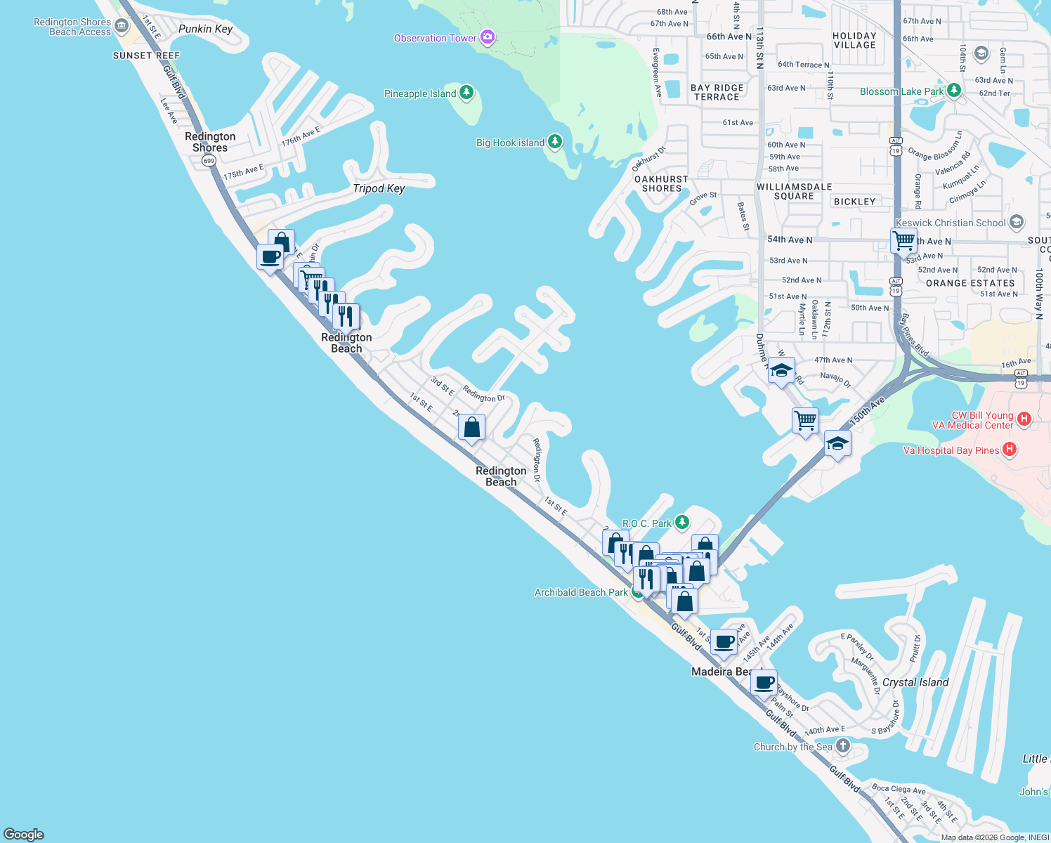 map of restaurants, bars, coffee shops, grocery stores, and more near 15918 Redington Dr in Redington Beach