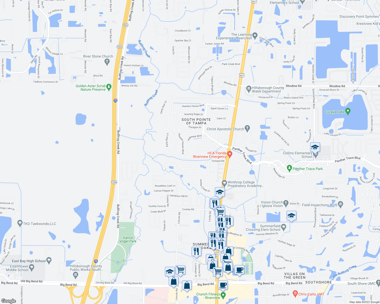 map of restaurants, bars, coffee shops, grocery stores, and more near 10409 Hallmark Blvd in Riverview