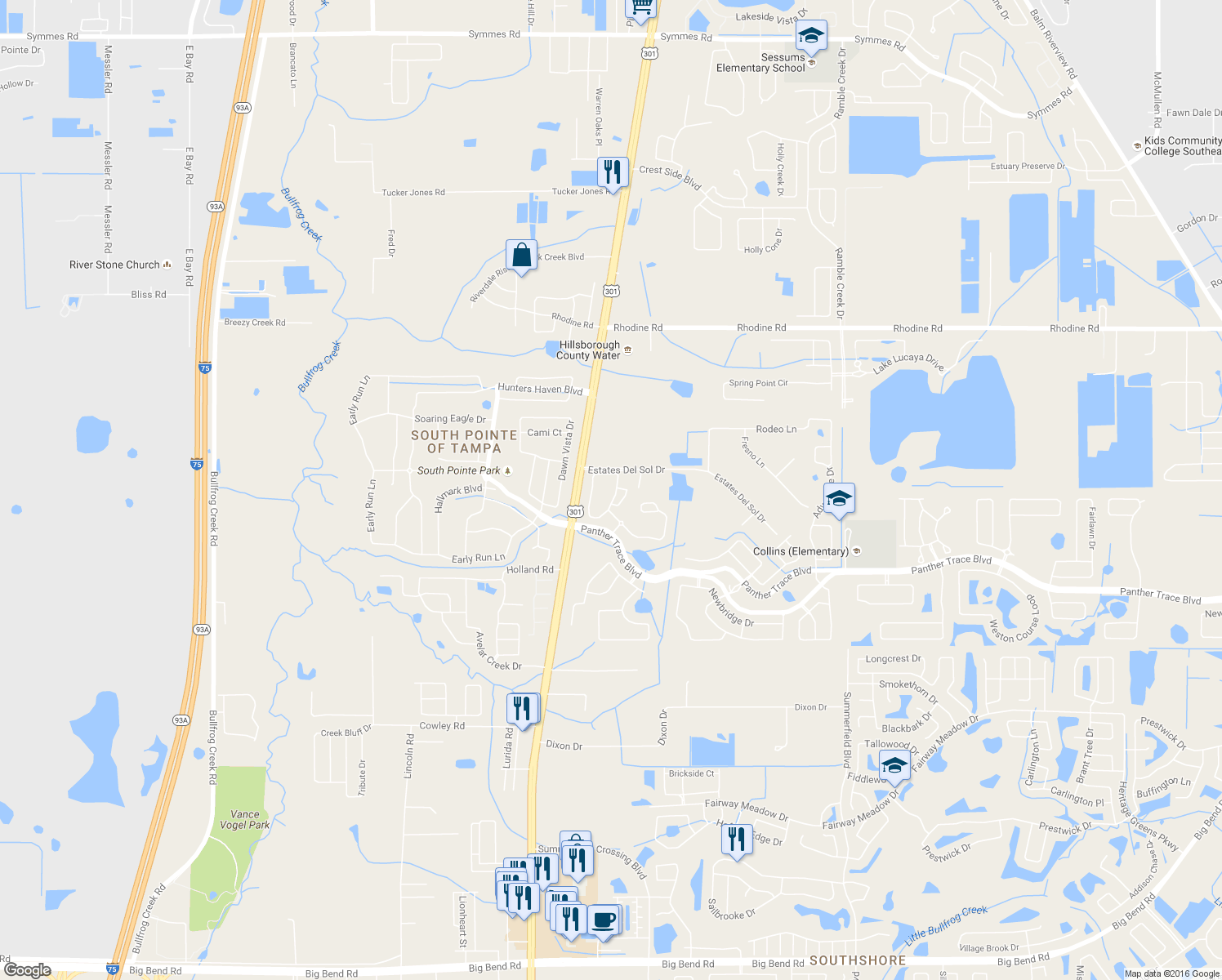map of restaurants, bars, coffee shops, grocery stores, and more near 12224 Foxmoor Peak Drive in Riverview