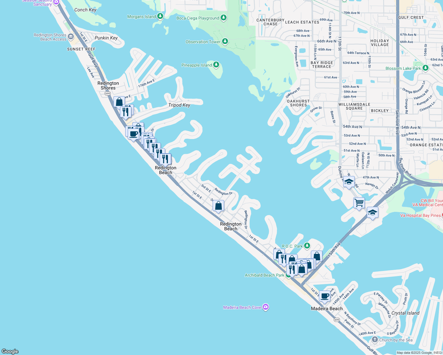 map of restaurants, bars, coffee shops, grocery stores, and more near 16132 4th Street East in Redington Beach