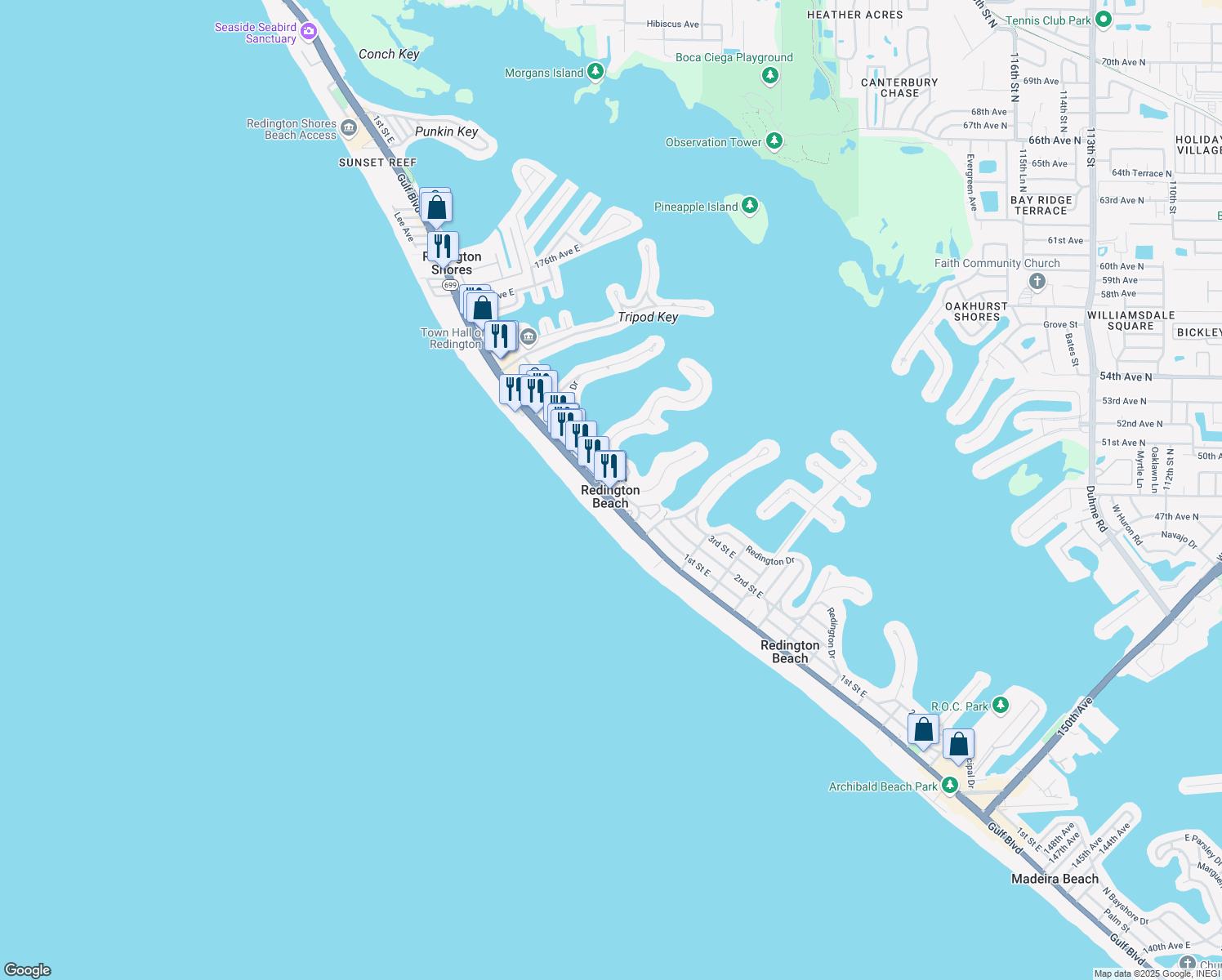 map of restaurants, bars, coffee shops, grocery stores, and more near in North Redington Beach