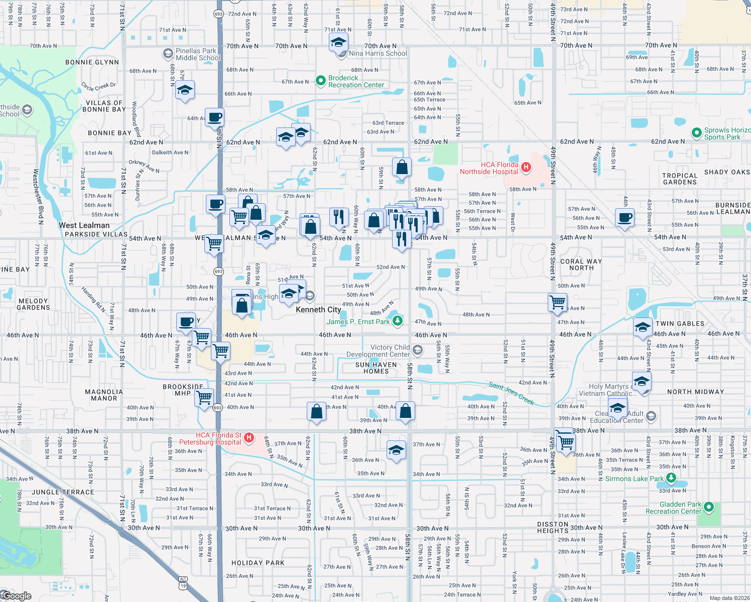 map of restaurants, bars, coffee shops, grocery stores, and more near 5941 49th Avenue North in Kenneth City