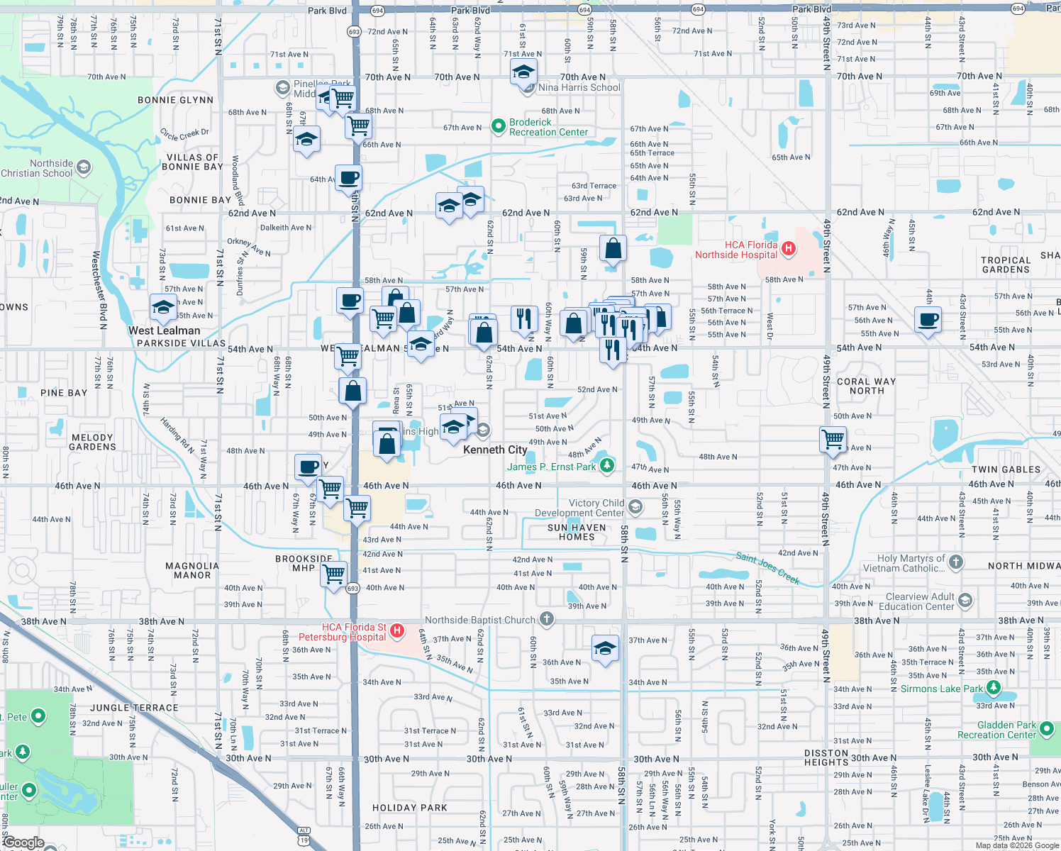 map of restaurants, bars, coffee shops, grocery stores, and more near 6083 50th Avenue North in Kenneth City