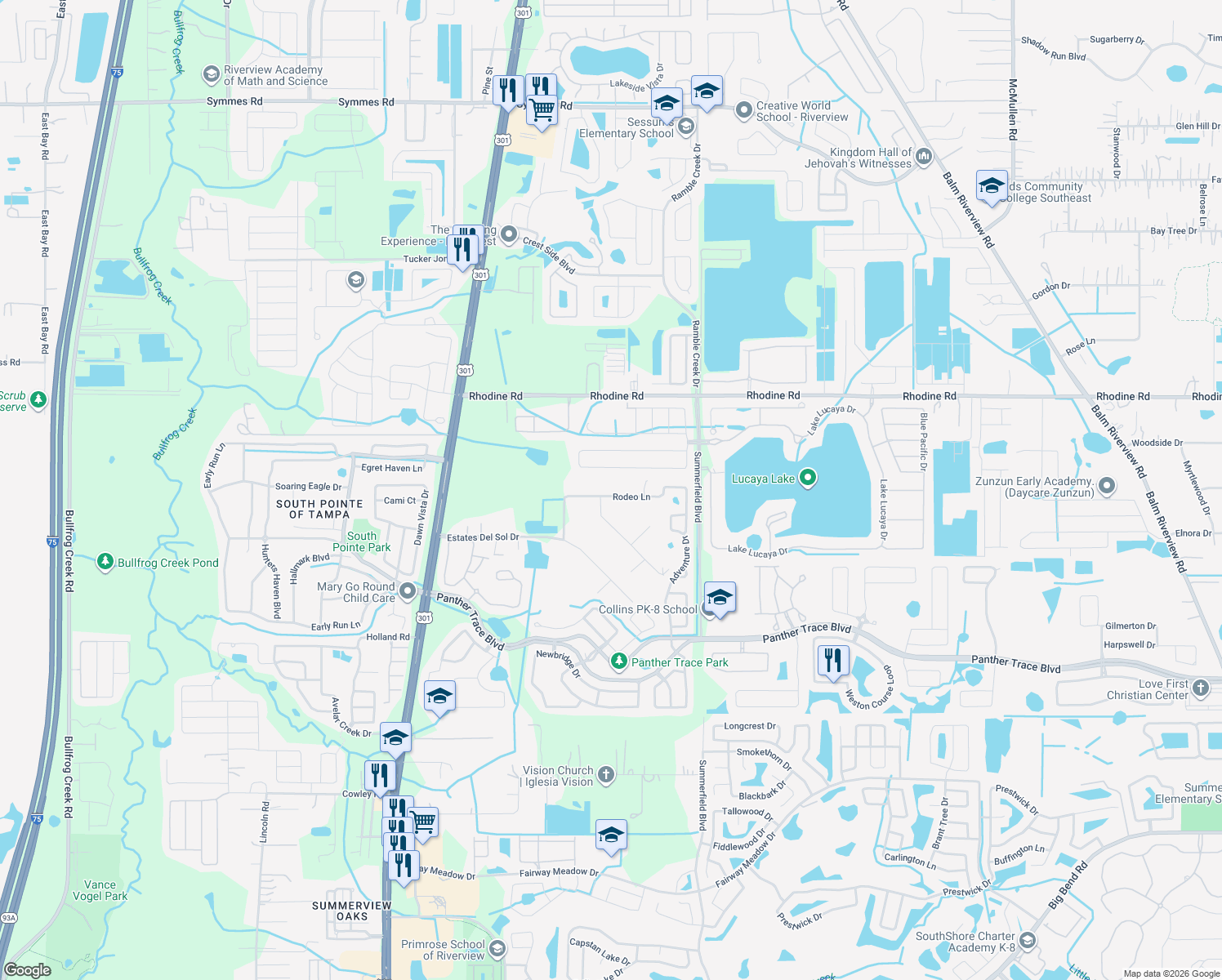 map of restaurants, bars, coffee shops, grocery stores, and more near 11004 Rodeo Lane in Riverview
