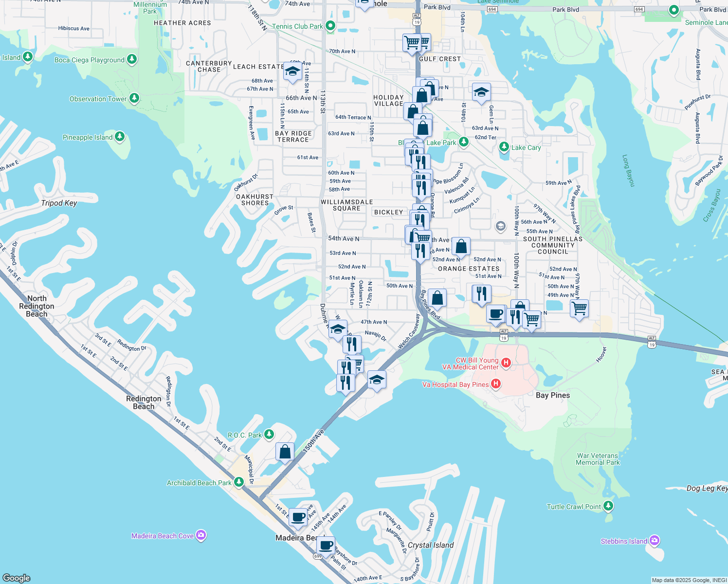 map of restaurants, bars, coffee shops, grocery stores, and more near 5033 Oaklawn Lane in Saint Petersburg