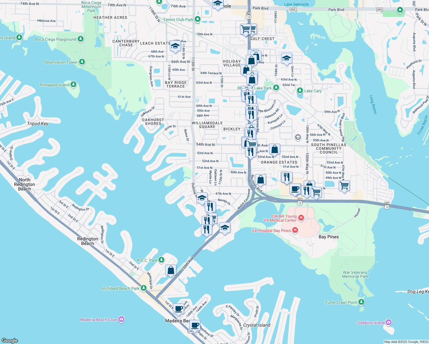 map of restaurants, bars, coffee shops, grocery stores, and more near 5080 Oaklawn Lane in Saint Petersburg
