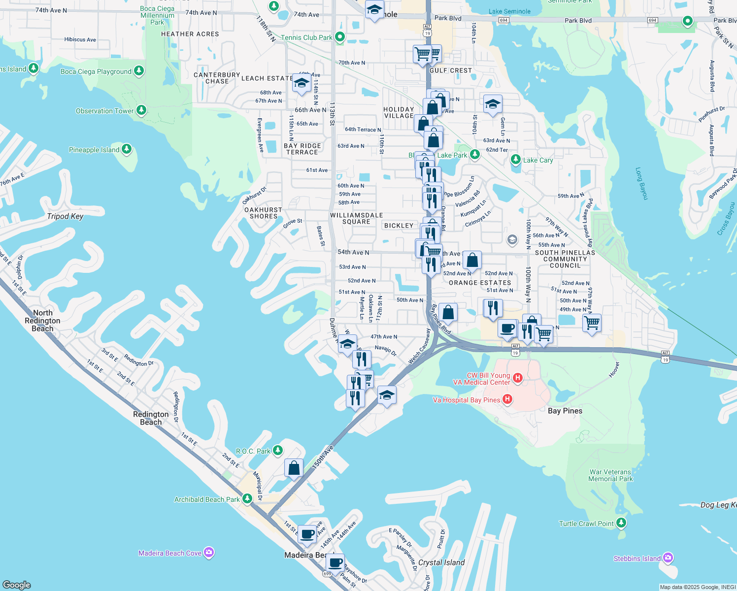 map of restaurants, bars, coffee shops, grocery stores, and more near 5090 Oaklawn Ln in St Petersburg