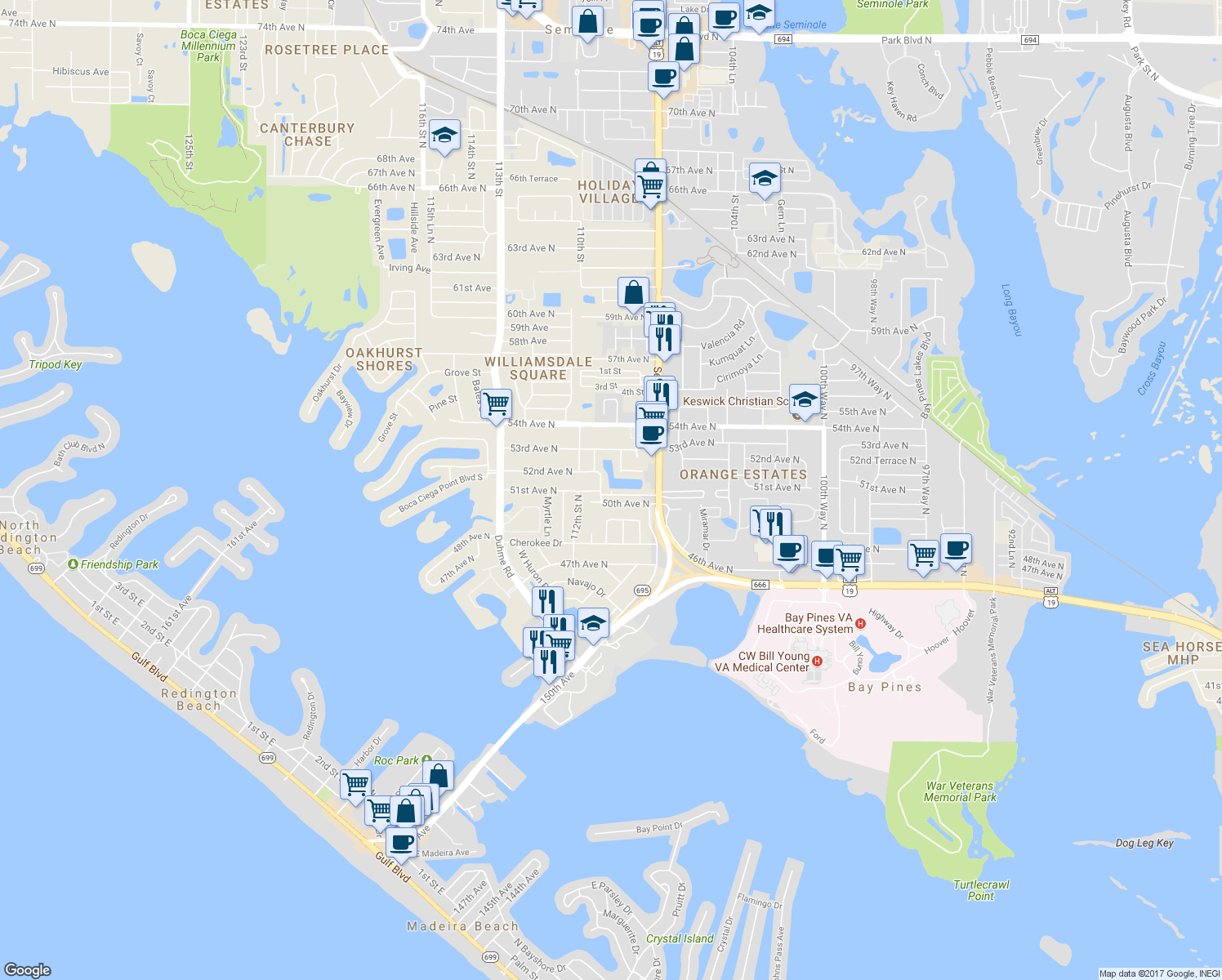 map of restaurants, bars, coffee shops, grocery stores, and more near 10955 Clara Lane in Saint Petersburg