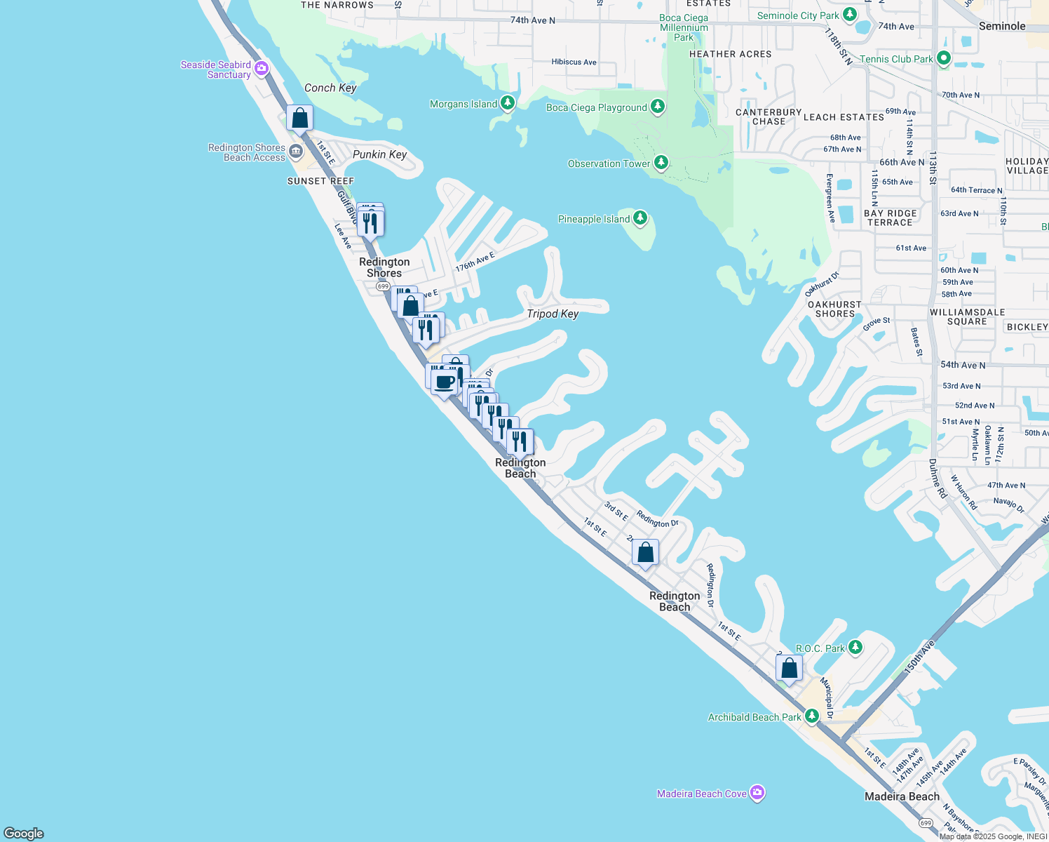 map of restaurants, bars, coffee shops, grocery stores, and more near 187 Bath Club Boulevard North in North Redington Beach