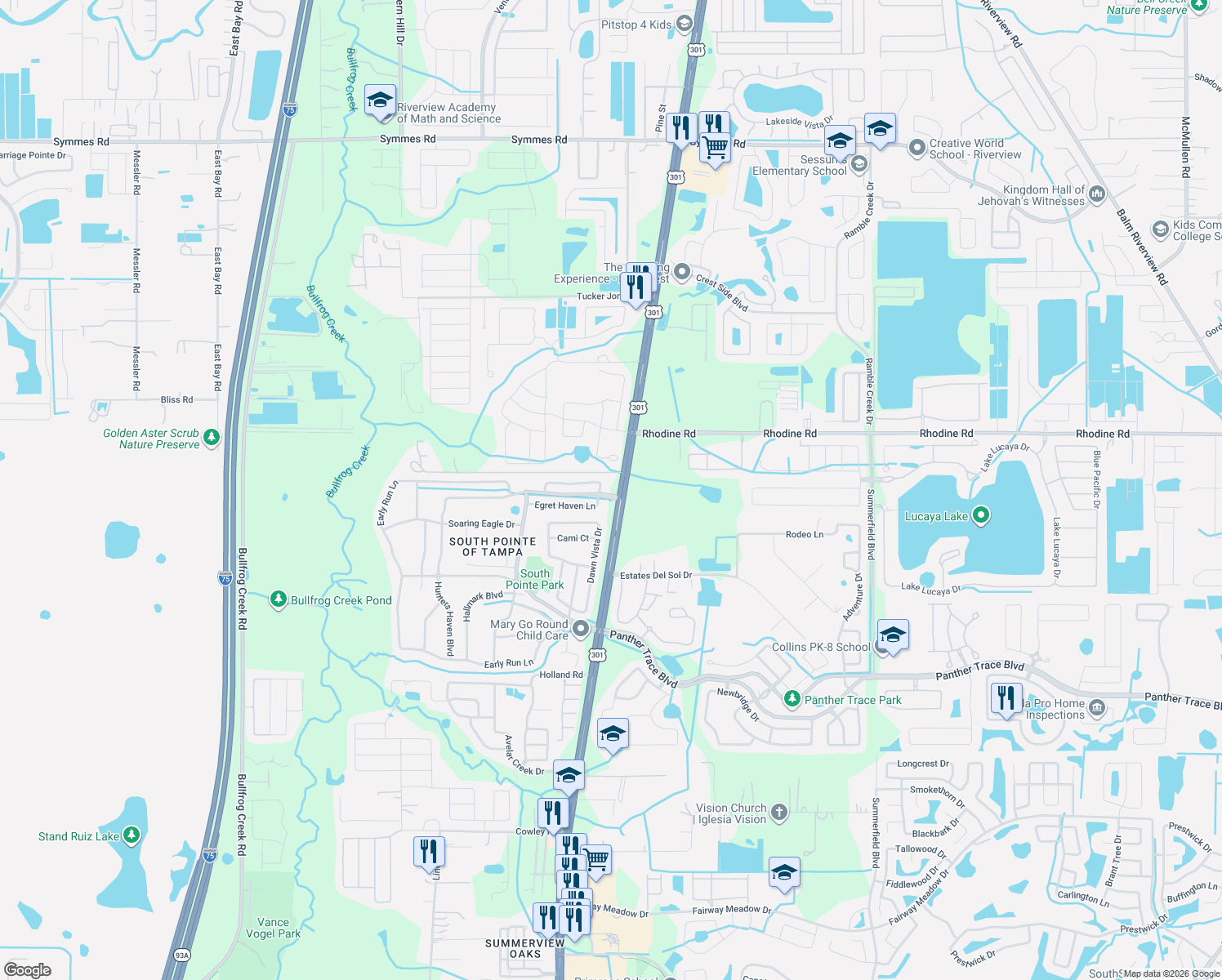 map of restaurants, bars, coffee shops, grocery stores, and more near 10606 Hunters Haven Boulevard in Riverview