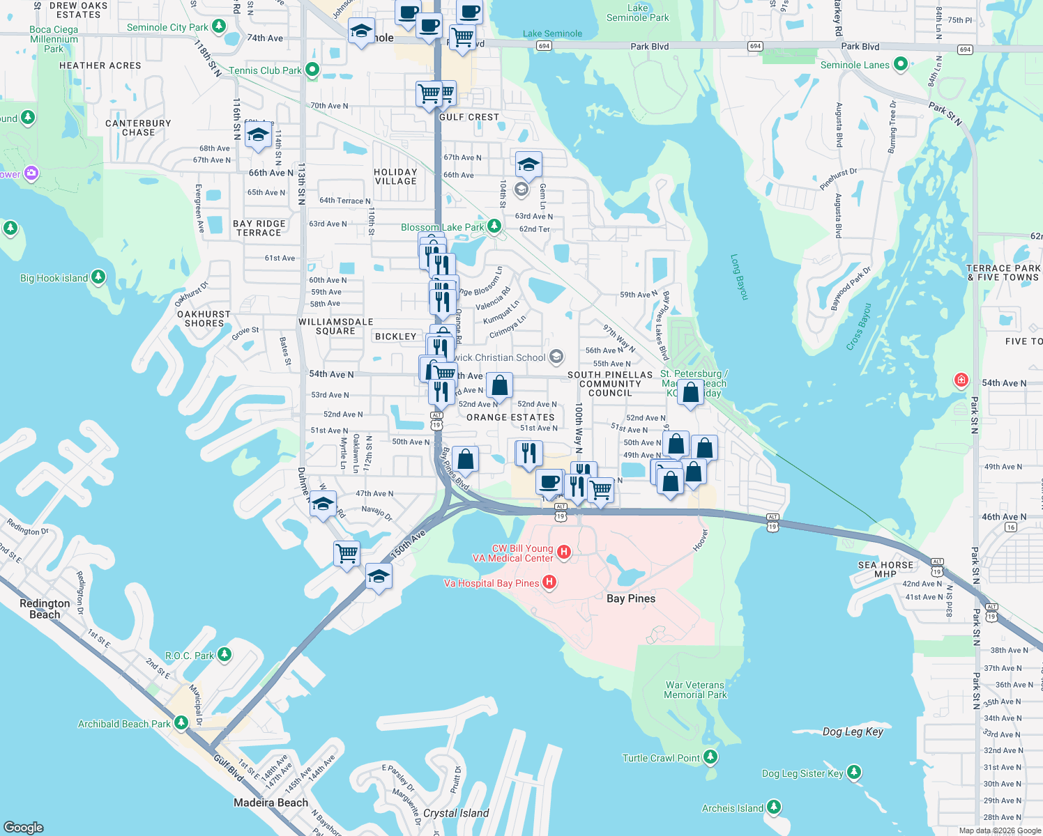 map of restaurants, bars, coffee shops, grocery stores, and more near 5138 103rd Street North in St. Petersburg