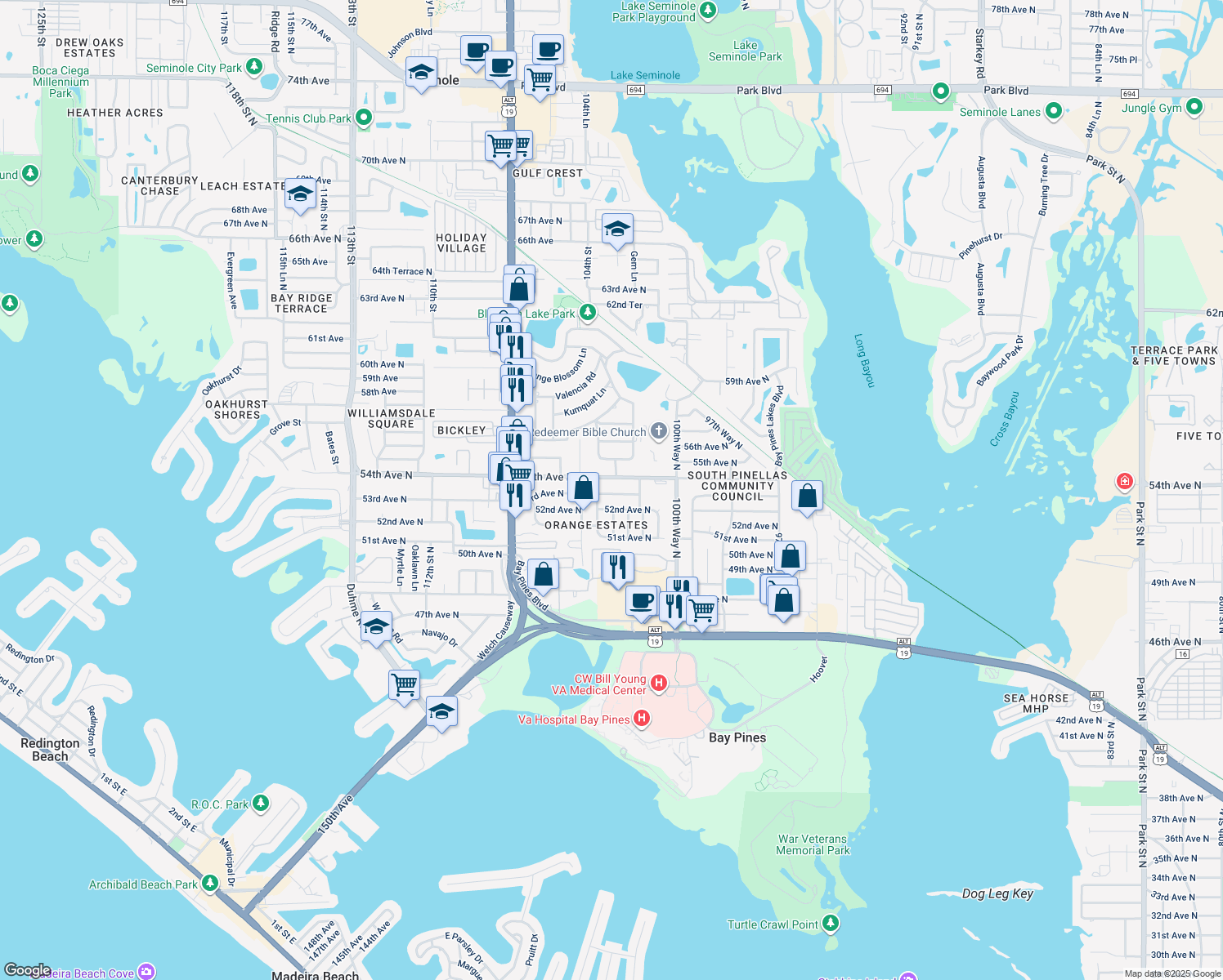 map of restaurants, bars, coffee shops, grocery stores, and more near 10307 53rd Ave N in St Petersburg