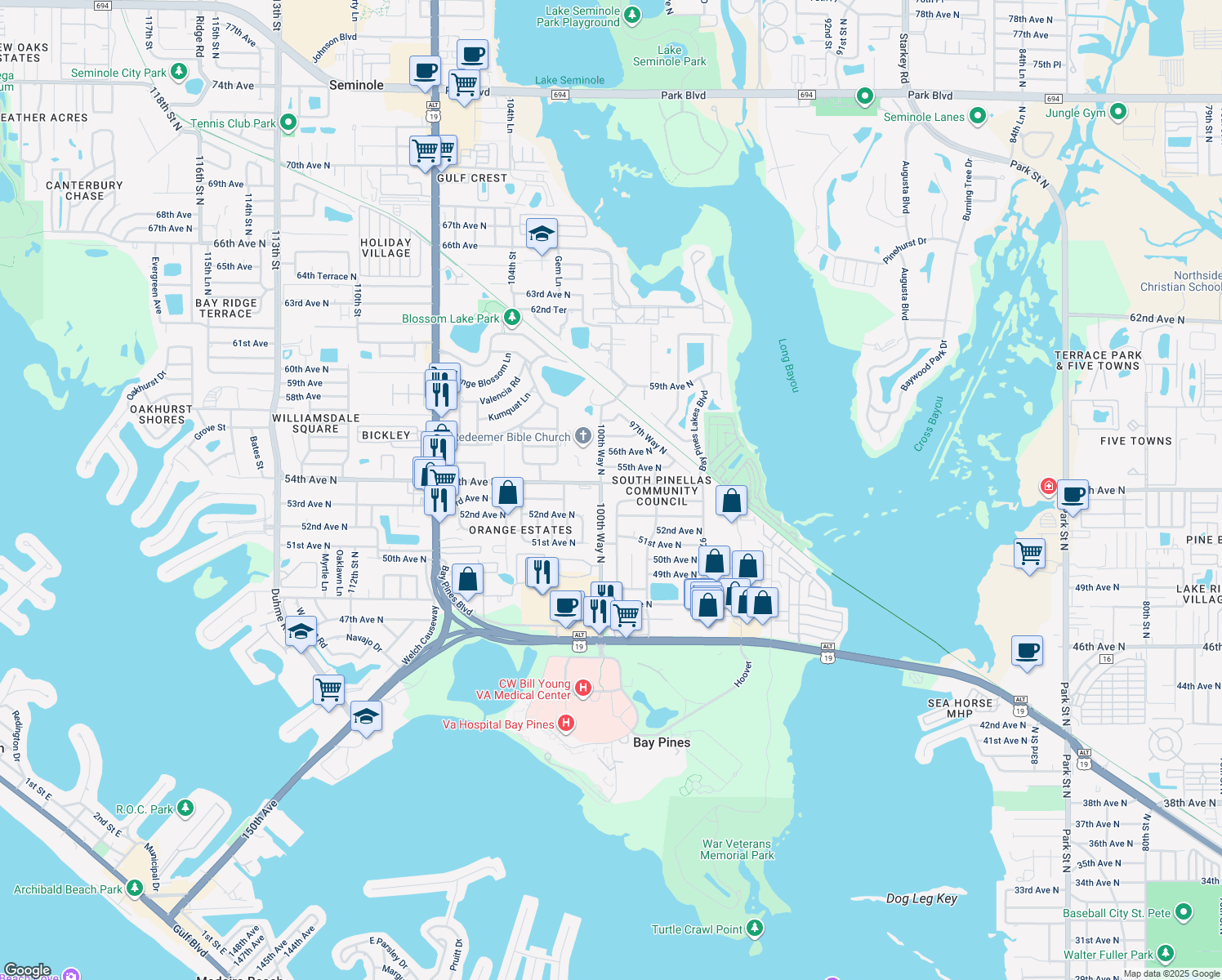 map of restaurants, bars, coffee shops, grocery stores, and more near 9990 54th Avenue North in Saint Petersburg