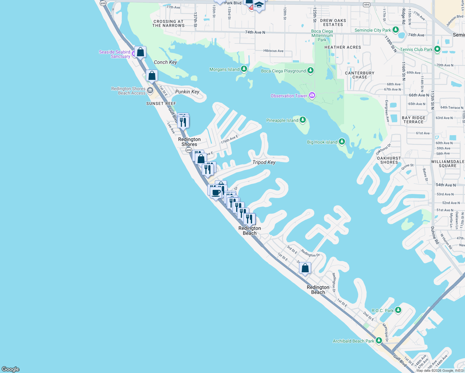 map of restaurants, bars, coffee shops, grocery stores, and more near 208 171st Avenue East in North Redington Beach