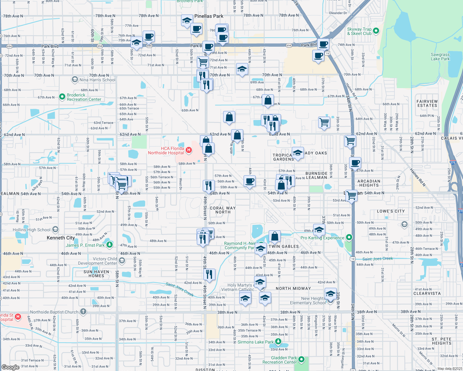 map of restaurants, bars, coffee shops, grocery stores, and more near 4649 55th Avenue North in Saint Petersburg