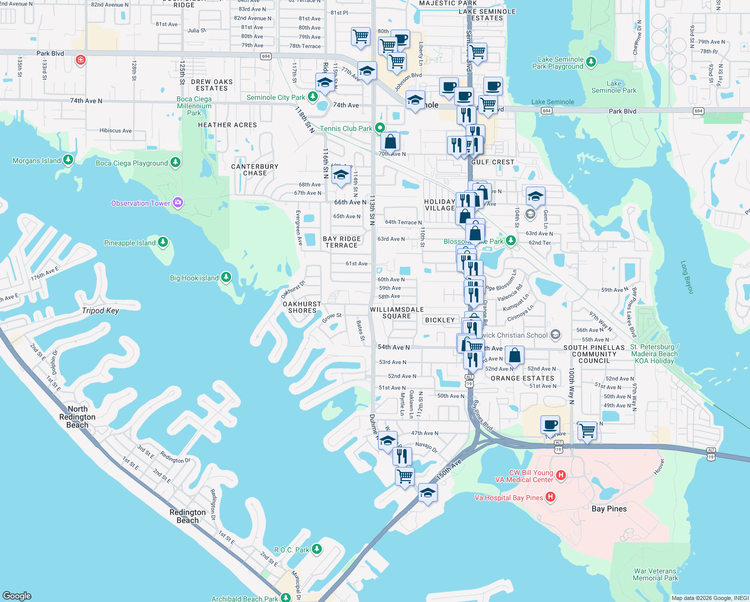 map of restaurants, bars, coffee shops, grocery stores, and more near 11295 Oakridge Trail in Seminole