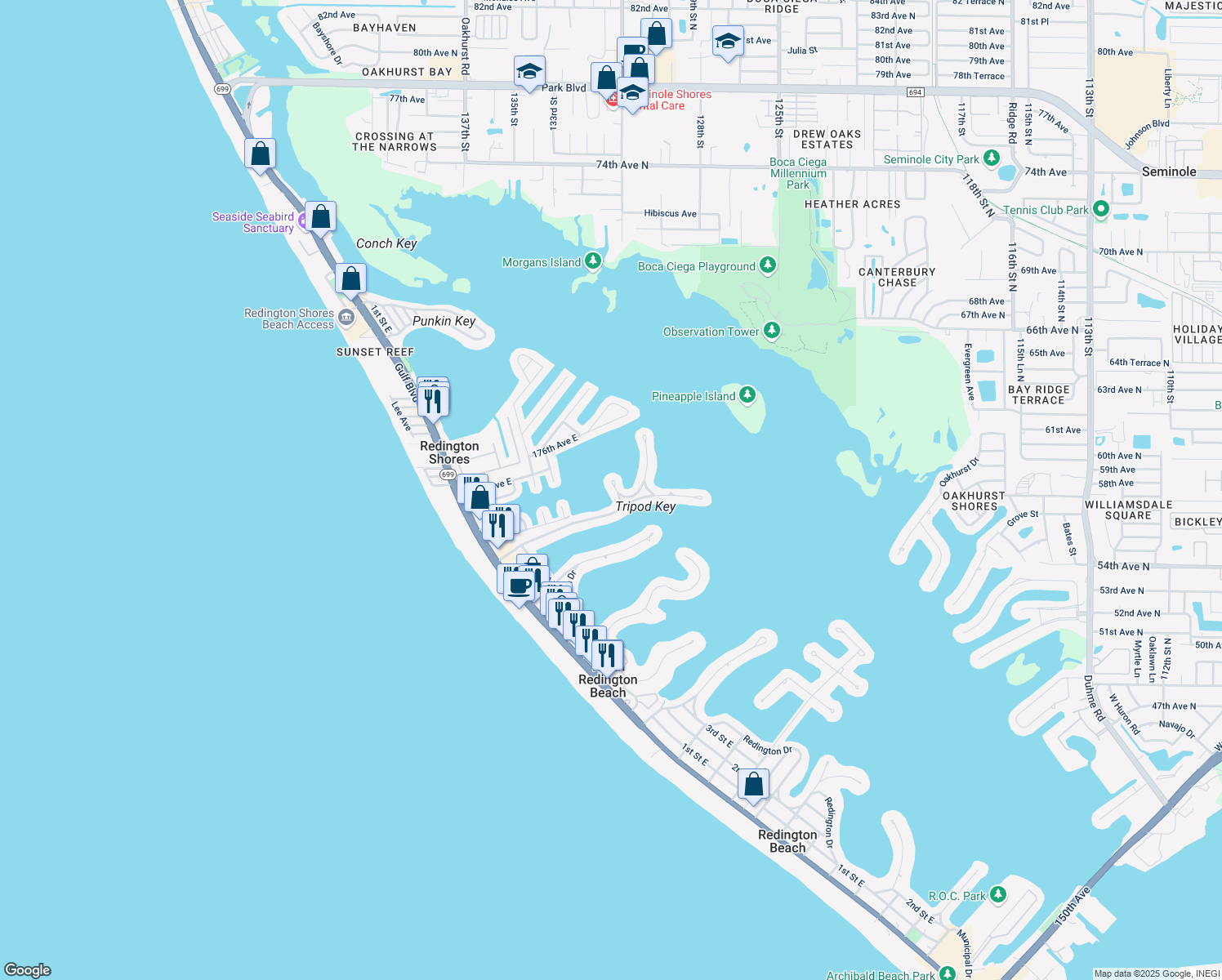 map of restaurants, bars, coffee shops, grocery stores, and more near 17350 Rosa Lee Way in Saint Petersburg