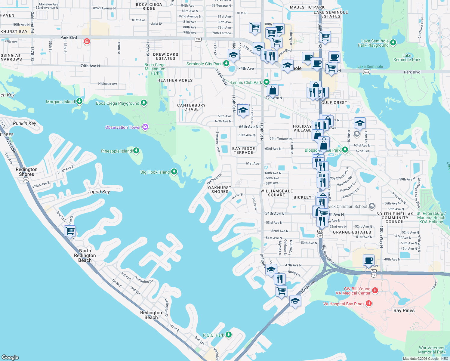 map of restaurants, bars, coffee shops, grocery stores, and more near 11653 Pinedale Avenue in Seminole
