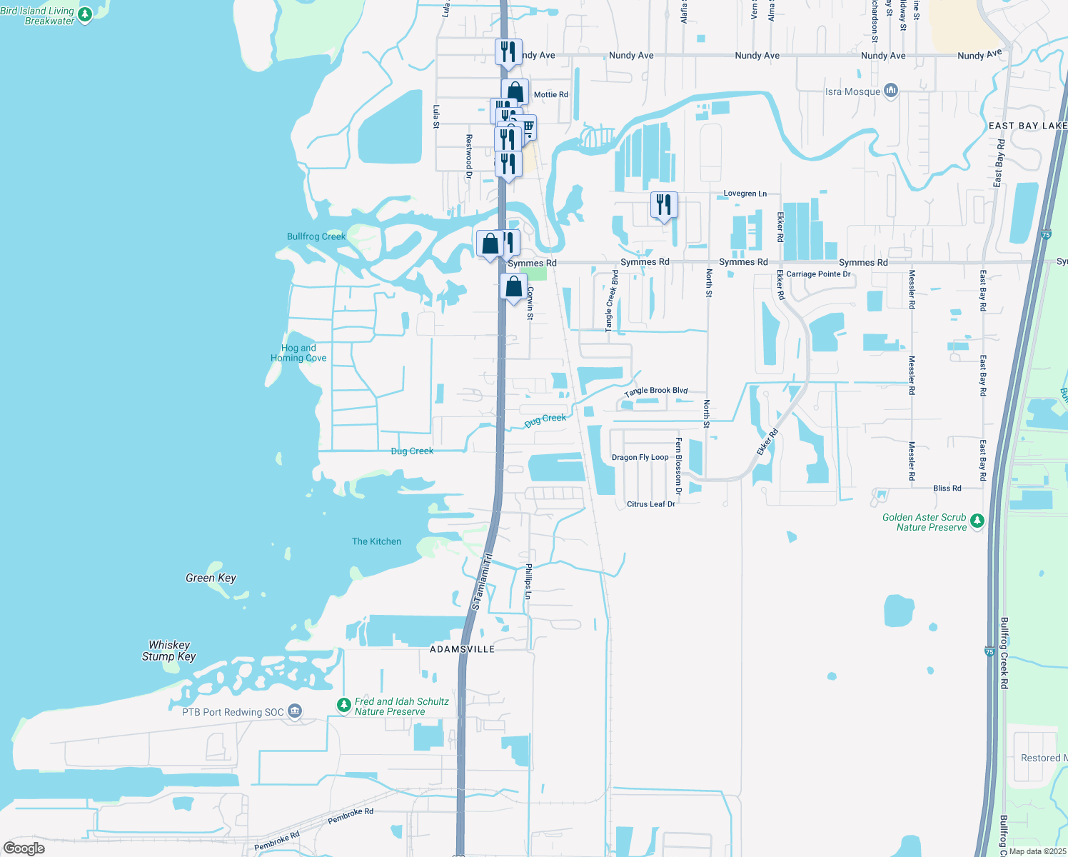 map of restaurants, bars, coffee shops, grocery stores, and more near 6310 Magnolia Trails Lane in Gibsonton