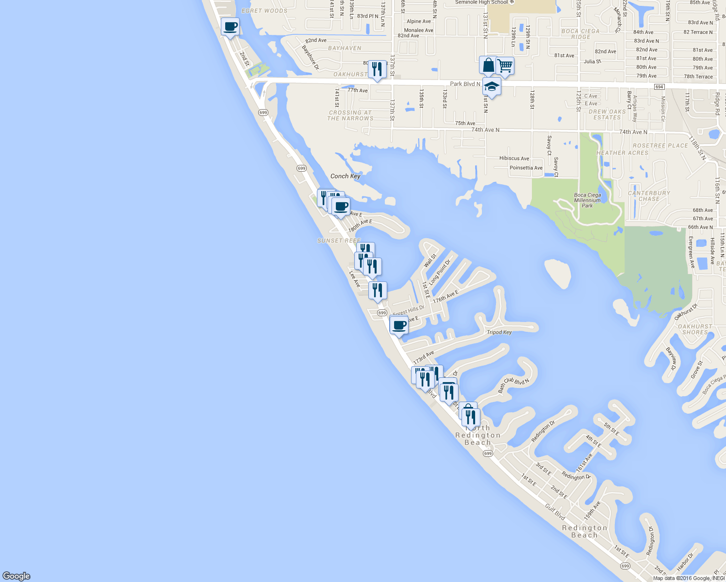 map of restaurants, bars, coffee shops, grocery stores, and more near 136 177th Terrace West in Redington Shores