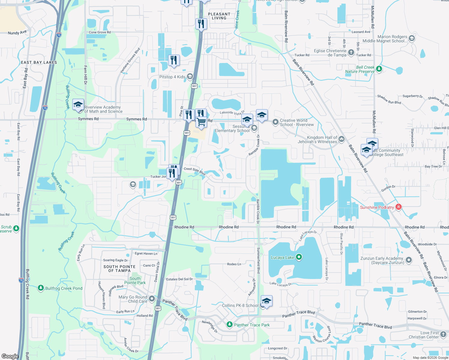 map of restaurants, bars, coffee shops, grocery stores, and more near 11046 Winter Crest Dr in Riverview