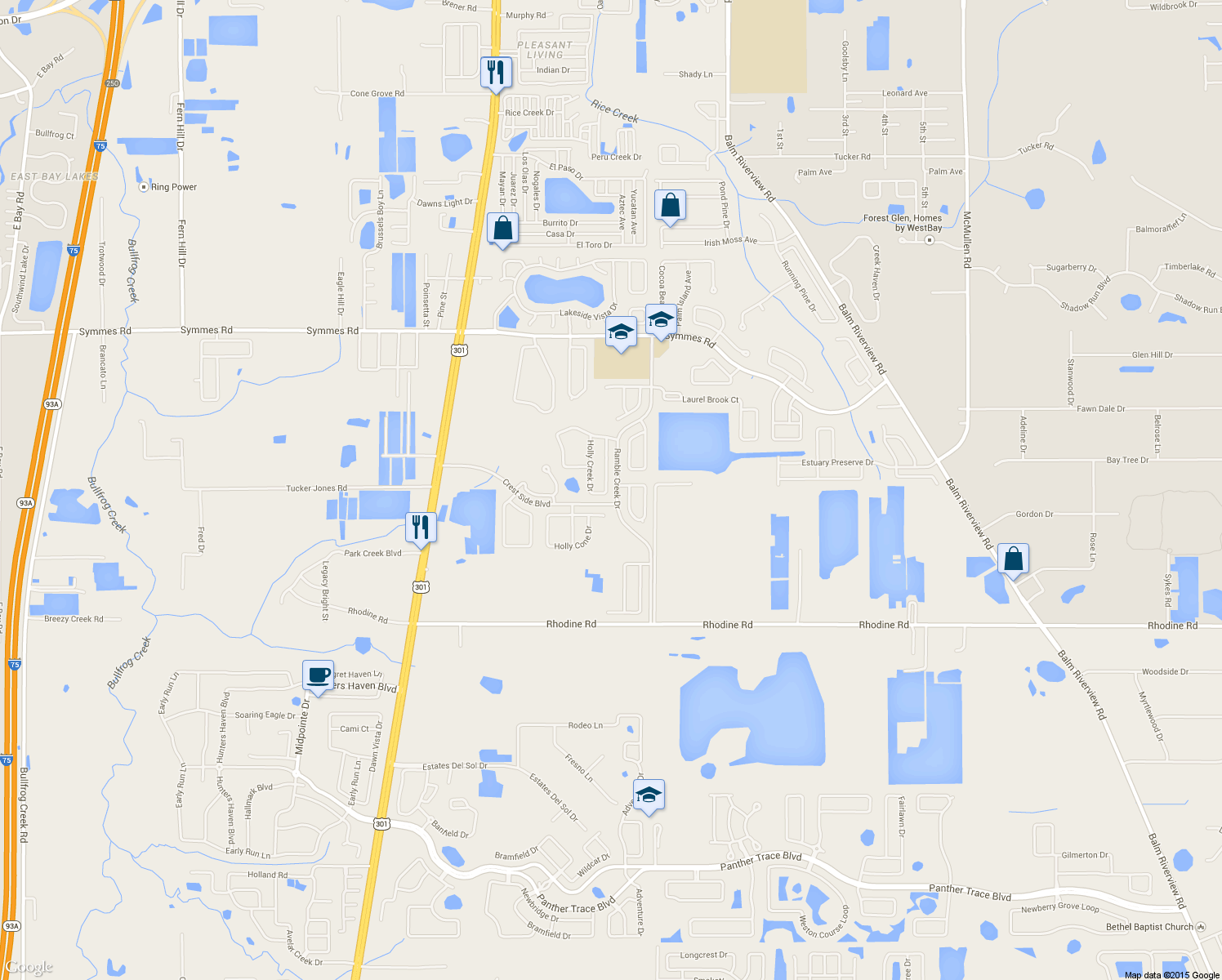 map of restaurants, bars, coffee shops, grocery stores, and more near 11724 Holly Creek Drive in Riverview