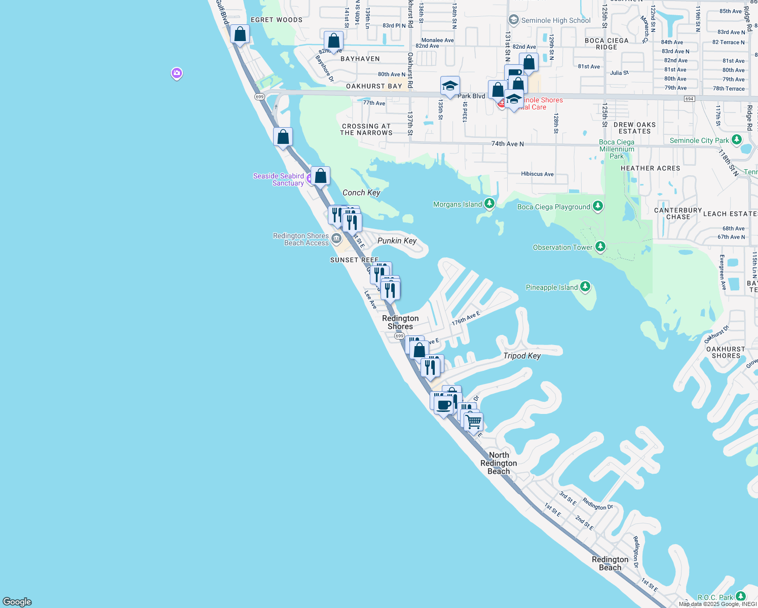 map of restaurants, bars, coffee shops, grocery stores, and more near 131 178th Ave W in Redington Shores