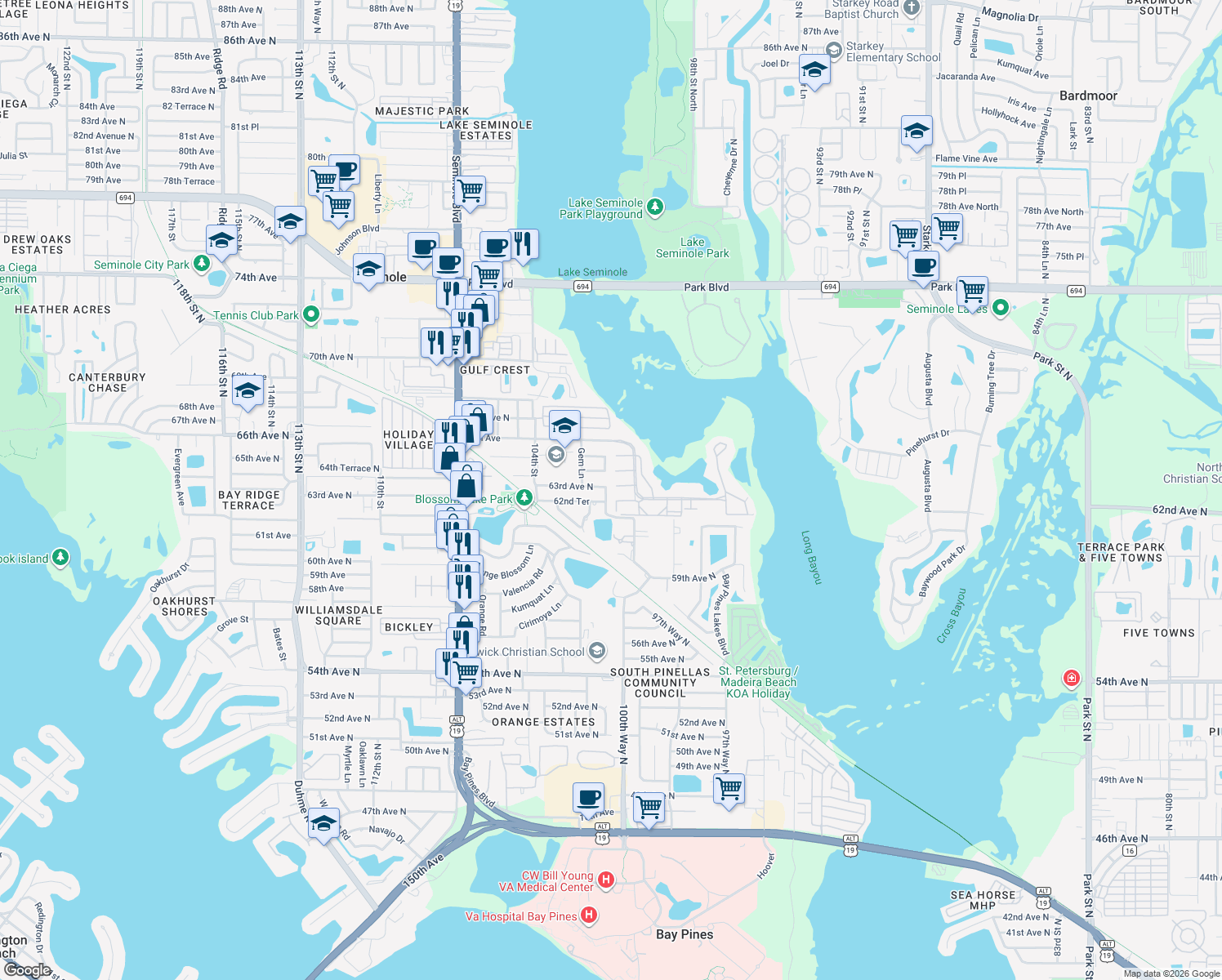 map of restaurants, bars, coffee shops, grocery stores, and more near 6285 101st Way in Seminole