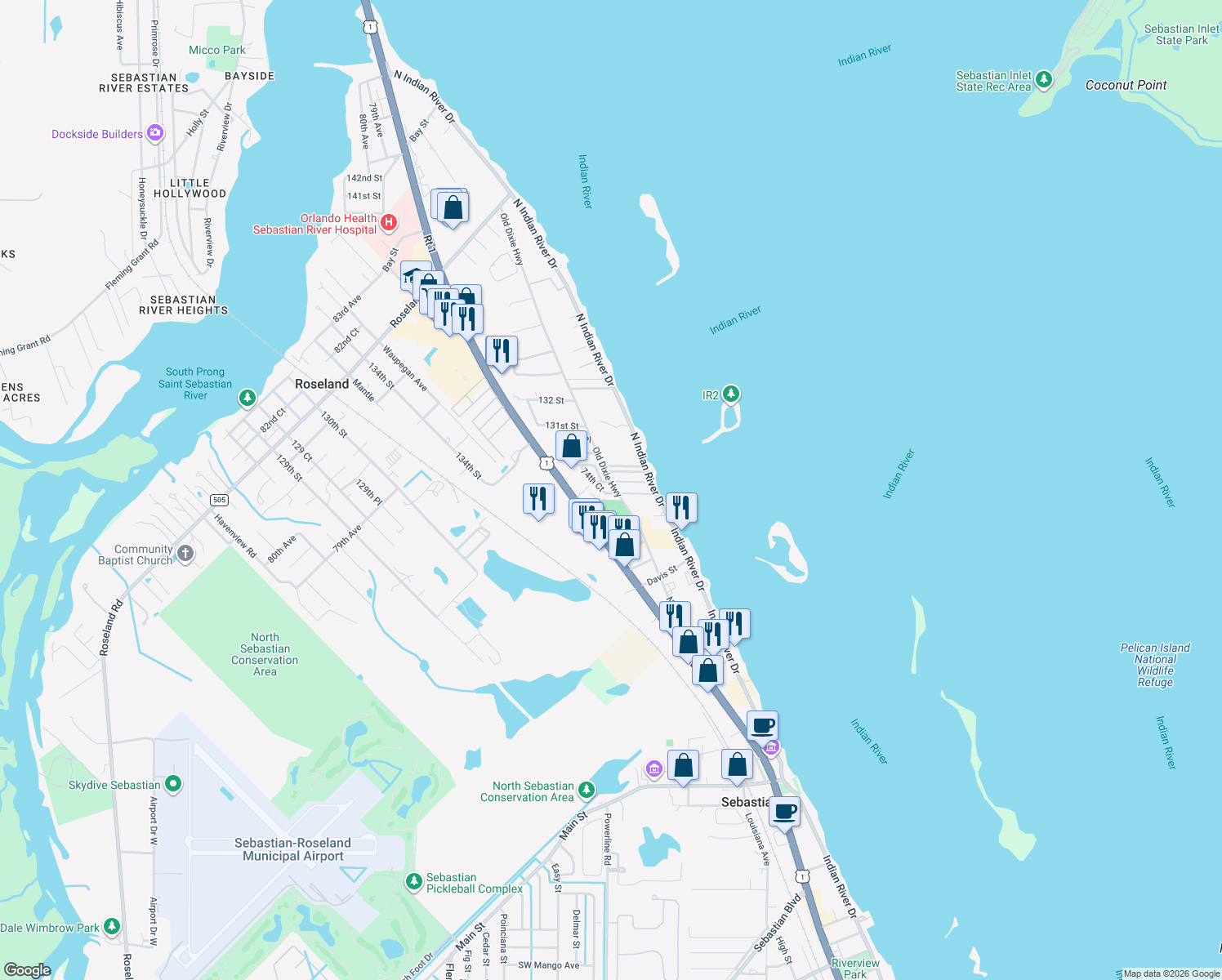 map of restaurants, bars, coffee shops, grocery stores, and more near 7406 129th Street in Sebastian