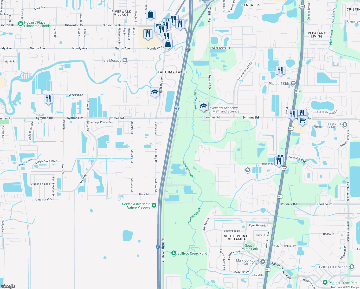 map of restaurants, bars, coffee shops, grocery stores, and more near 11612 Bullfrog Creek Road in Gibsonton