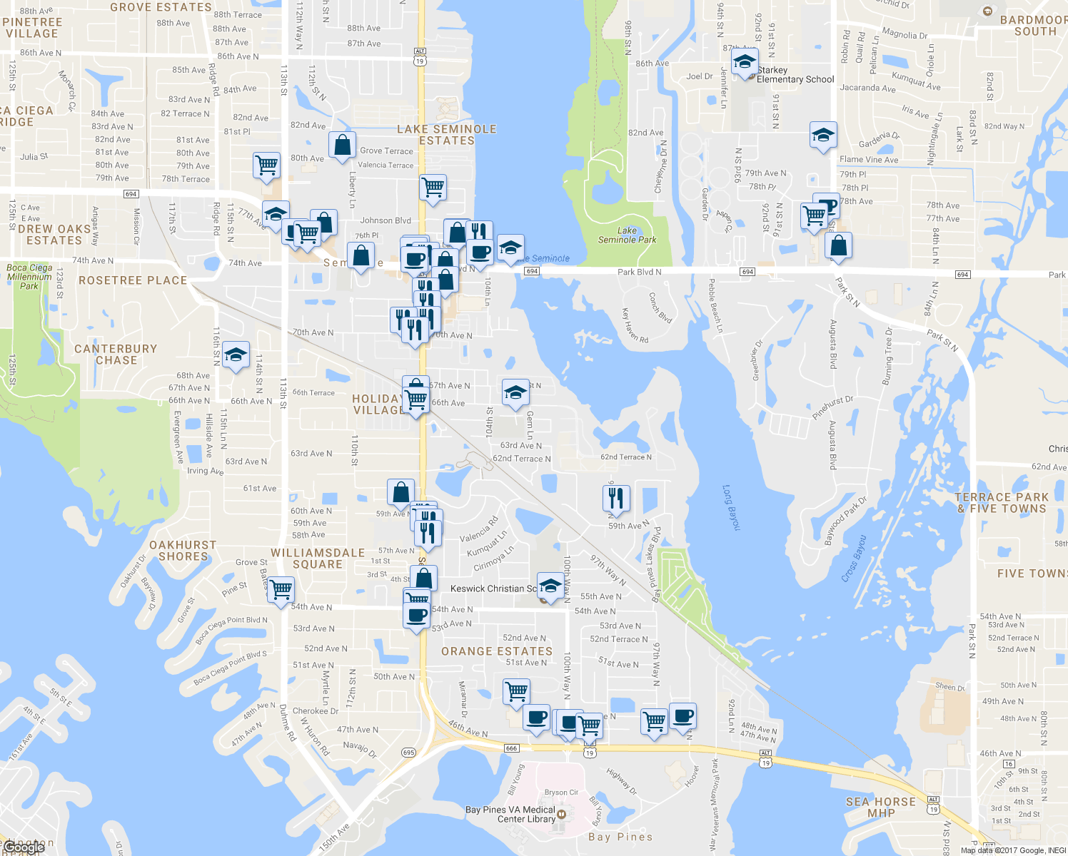 map of restaurants, bars, coffee shops, grocery stores, and more near 6449 Gem Lane in Seminole