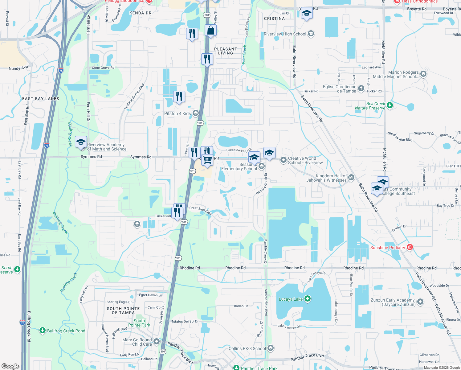 map of restaurants, bars, coffee shops, grocery stores, and more near 11466 Captiva Kay Drive in Riverview