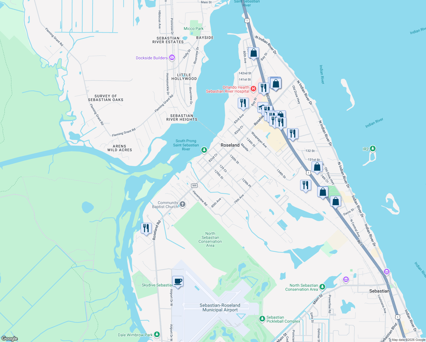 map of restaurants, bars, coffee shops, grocery stores, and more near 12880 Roseland Road in Sebastian