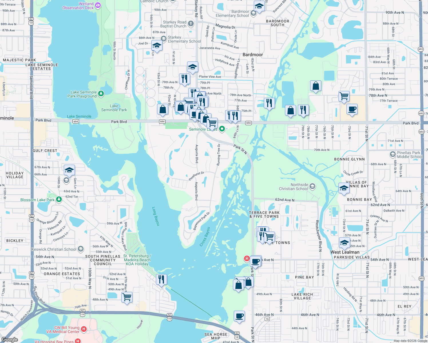 map of restaurants, bars, coffee shops, grocery stores, and more near 6660 Burning Tree Drive in Seminole