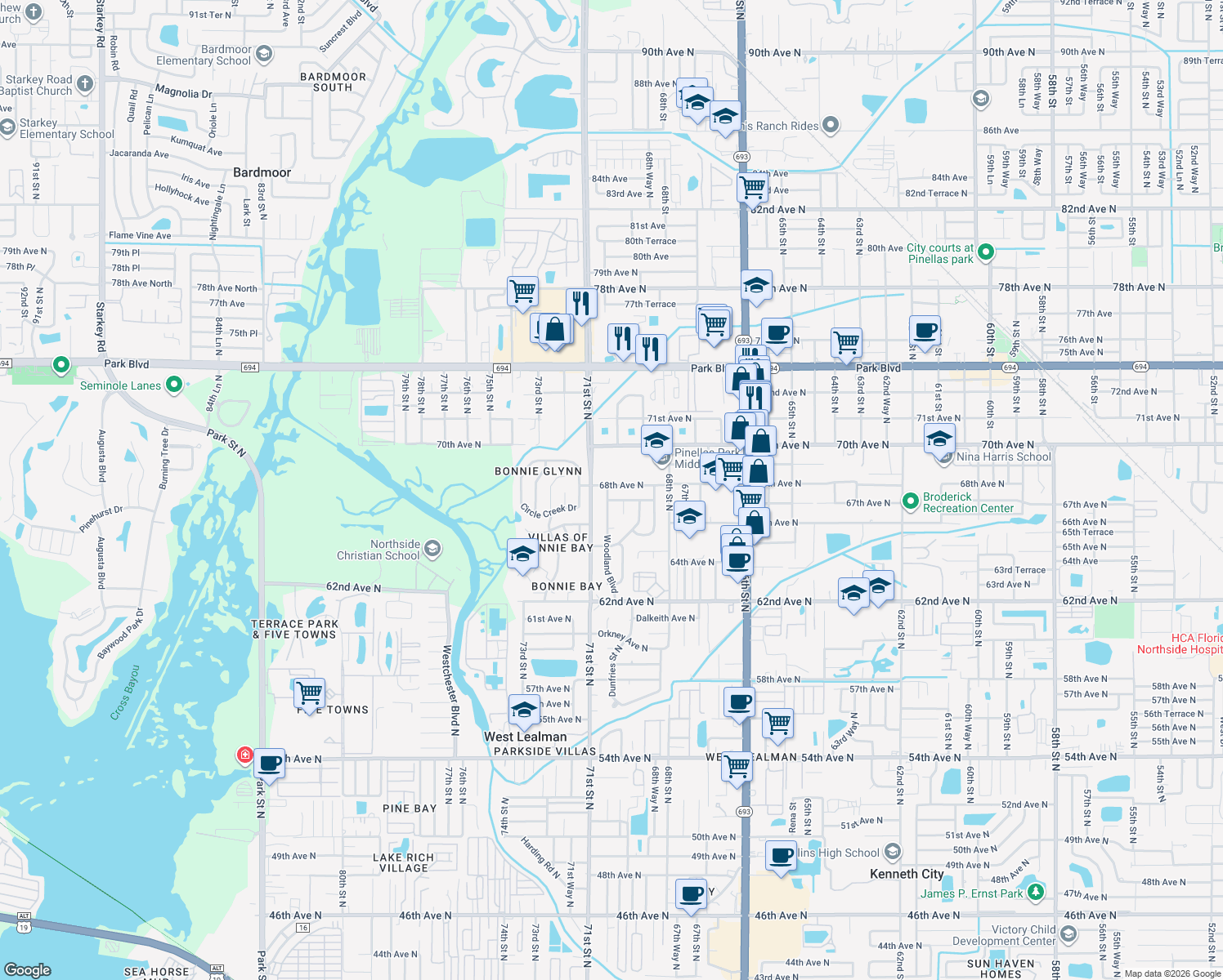map of restaurants, bars, coffee shops, grocery stores, and more near 7060 68th Avenue North in Pinellas Park