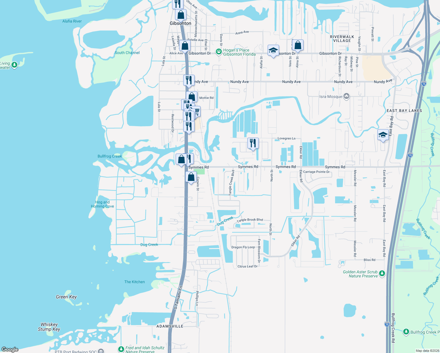 map of restaurants, bars, coffee shops, grocery stores, and more near 11512 Tangle Stone Drive in Gibsonton
