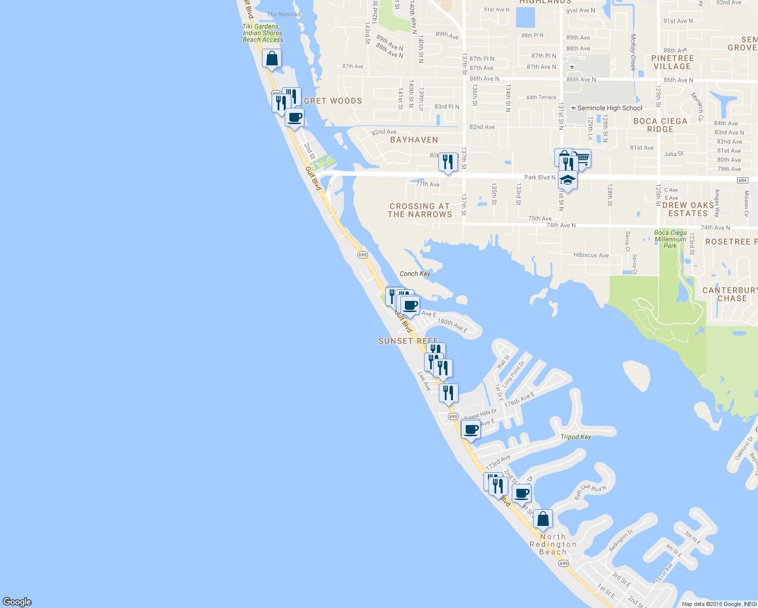 map of restaurants, bars, coffee shops, grocery stores, and more near 18218 Sunset Boulevard in Redington Shores